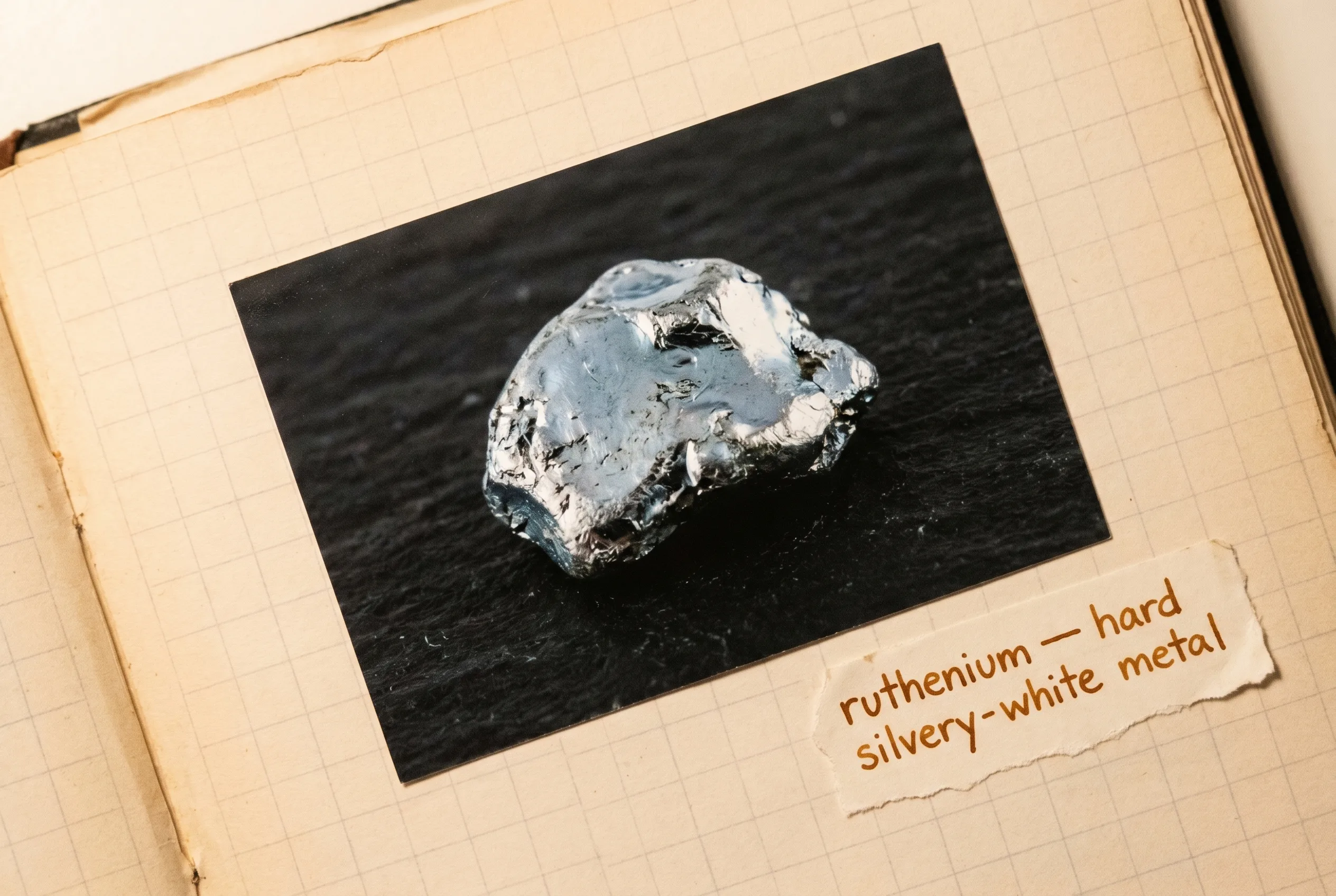 A hard brittle silvery-white ruthenium nugget with a bright luster on black slate.