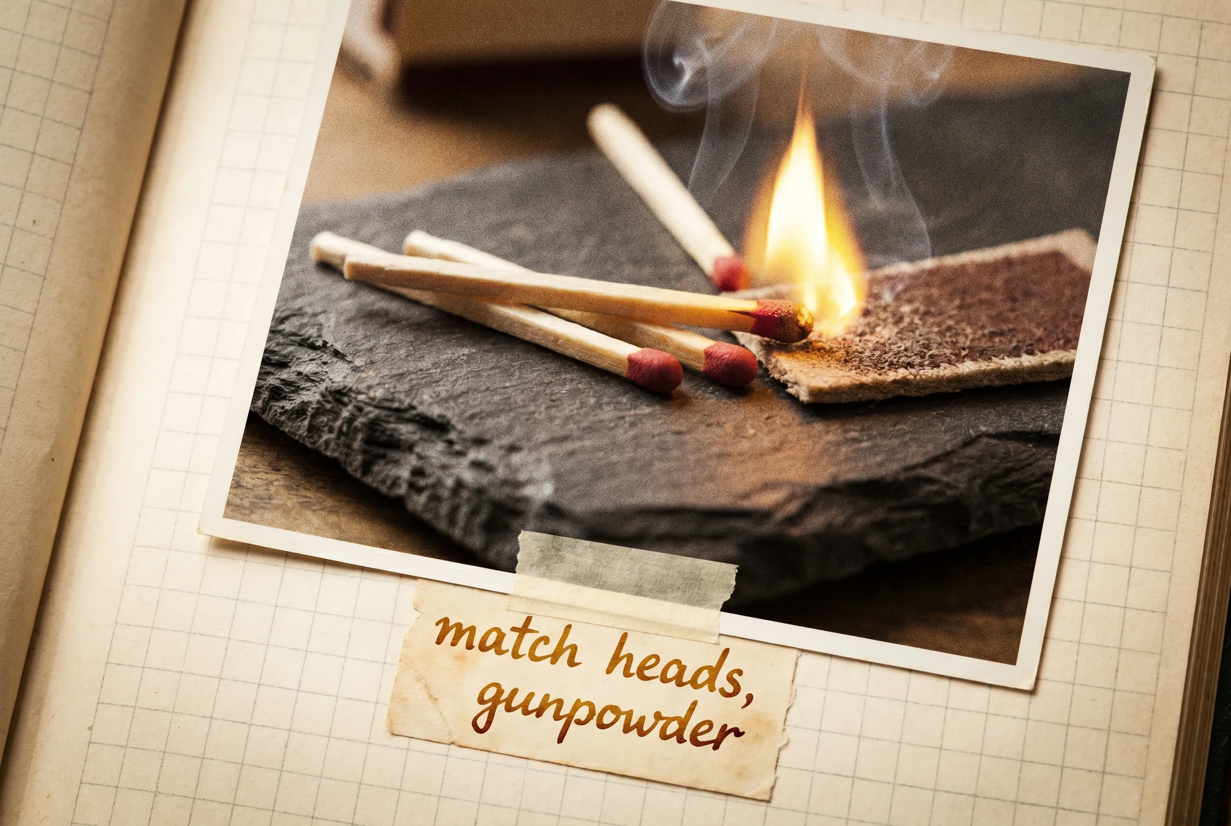 Wooden matches, one mid-strike with a small flare, on a dark surface.