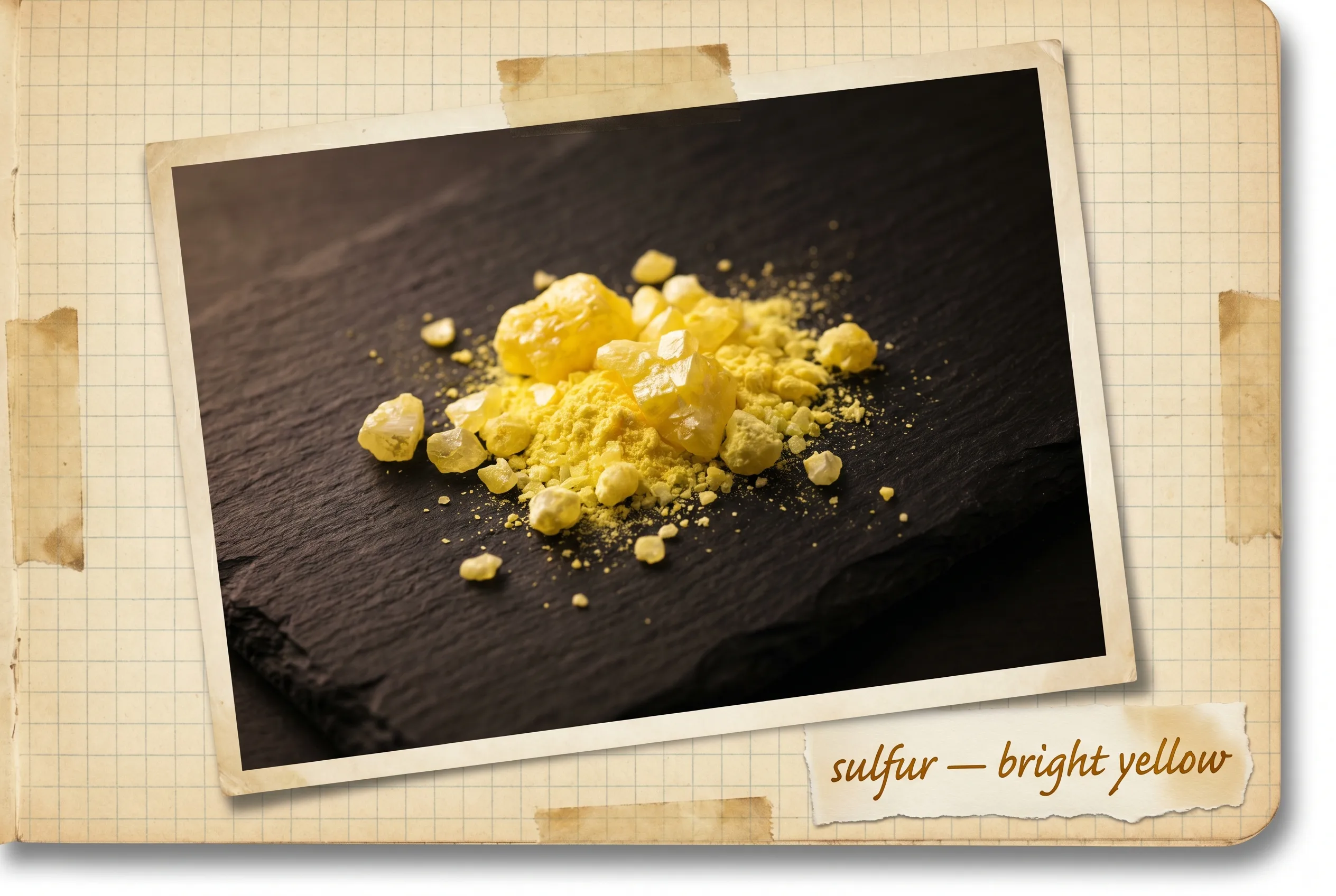 A heap of bright yellow sulfur crystals and powder on black slate.