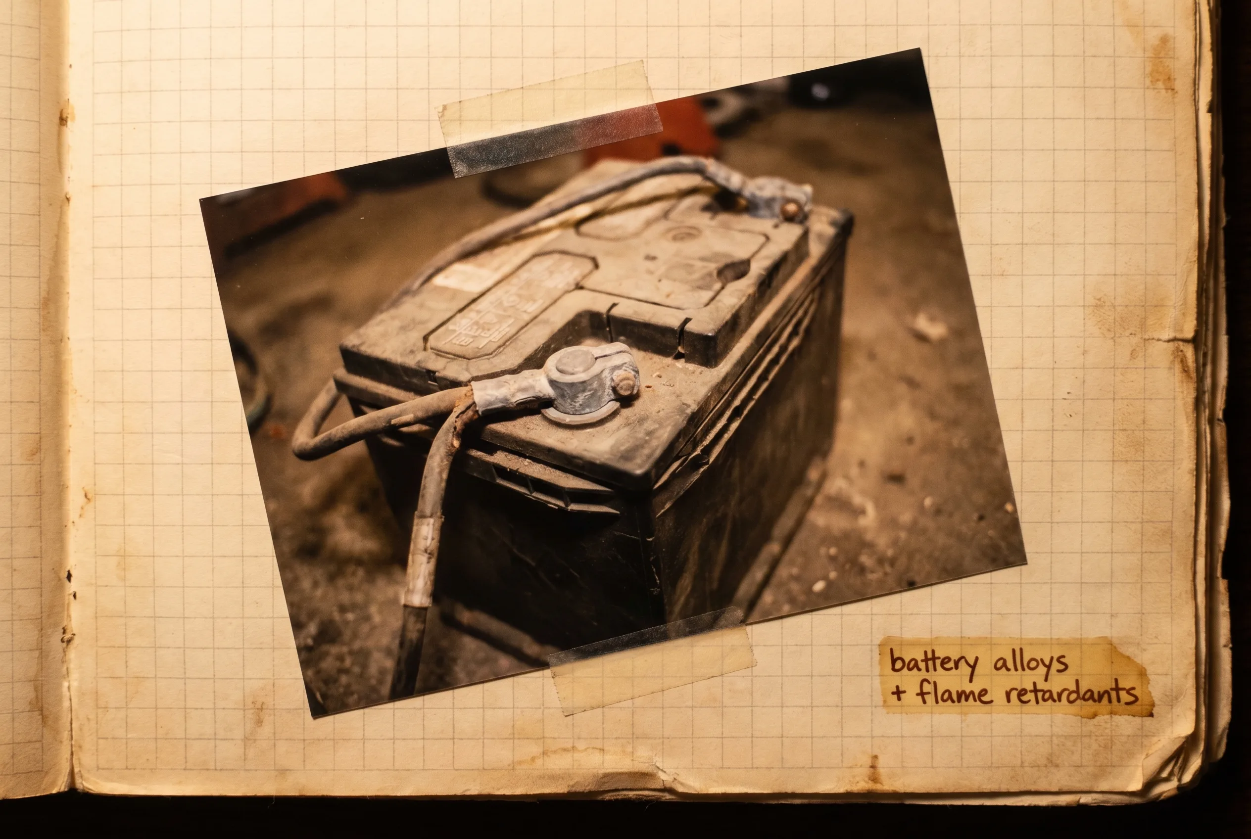 Heavy lead-acid car battery with thick gray terminal posts on a floor.