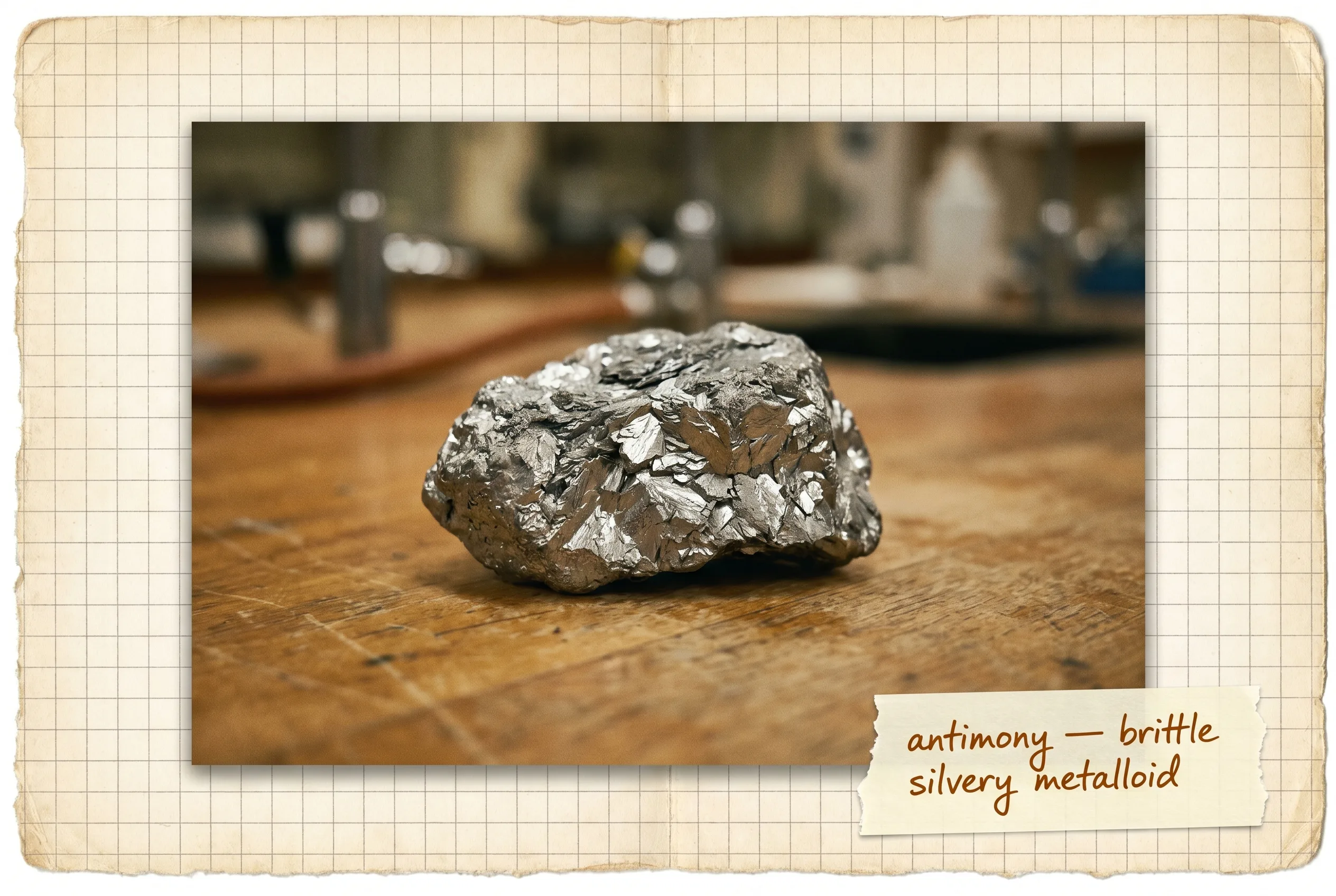 Brittle silvery-gray metalloid lump with a flaky, faceted surface.