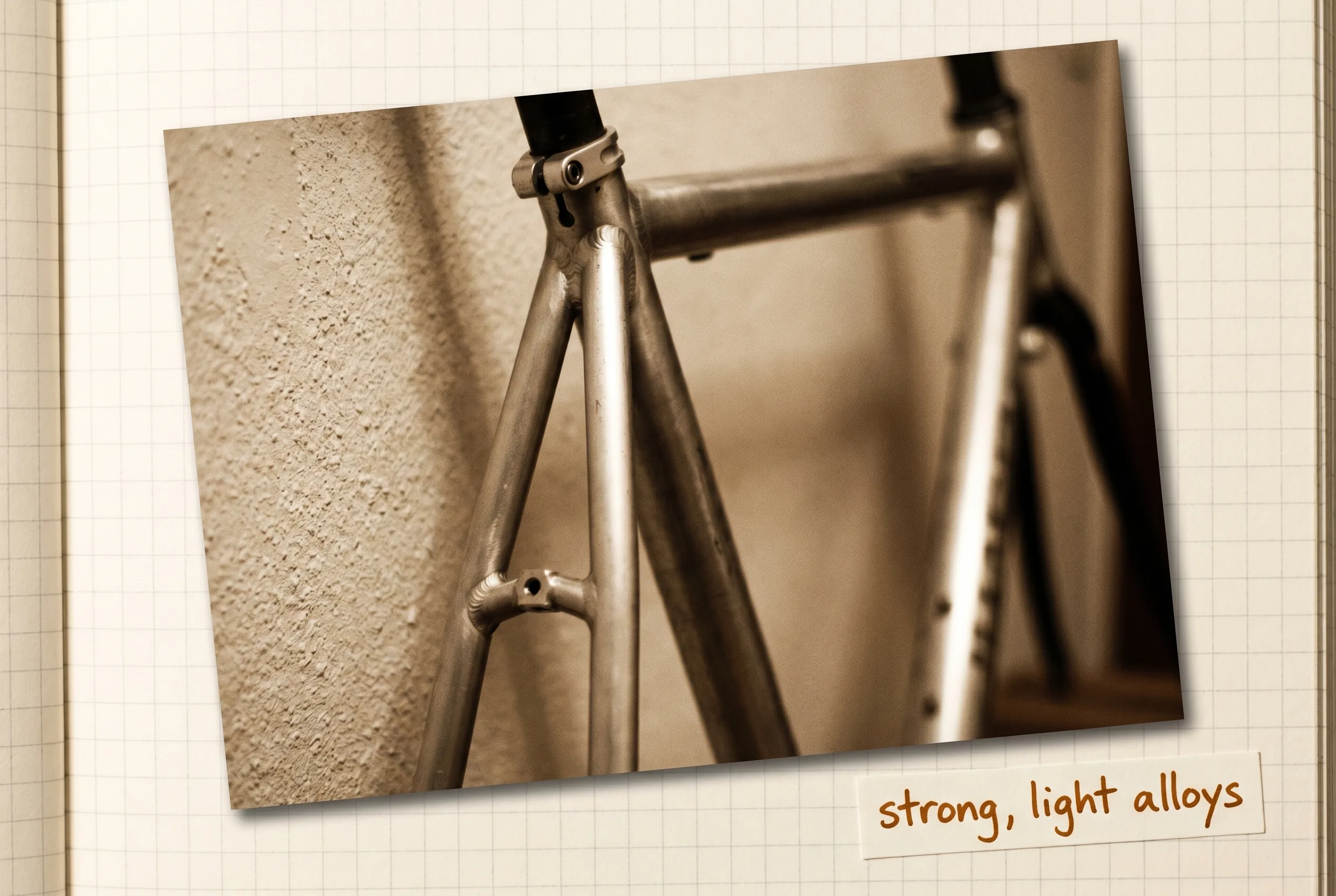 The lightweight silvery tubular frame of a high-performance bicycle against a plain wall.