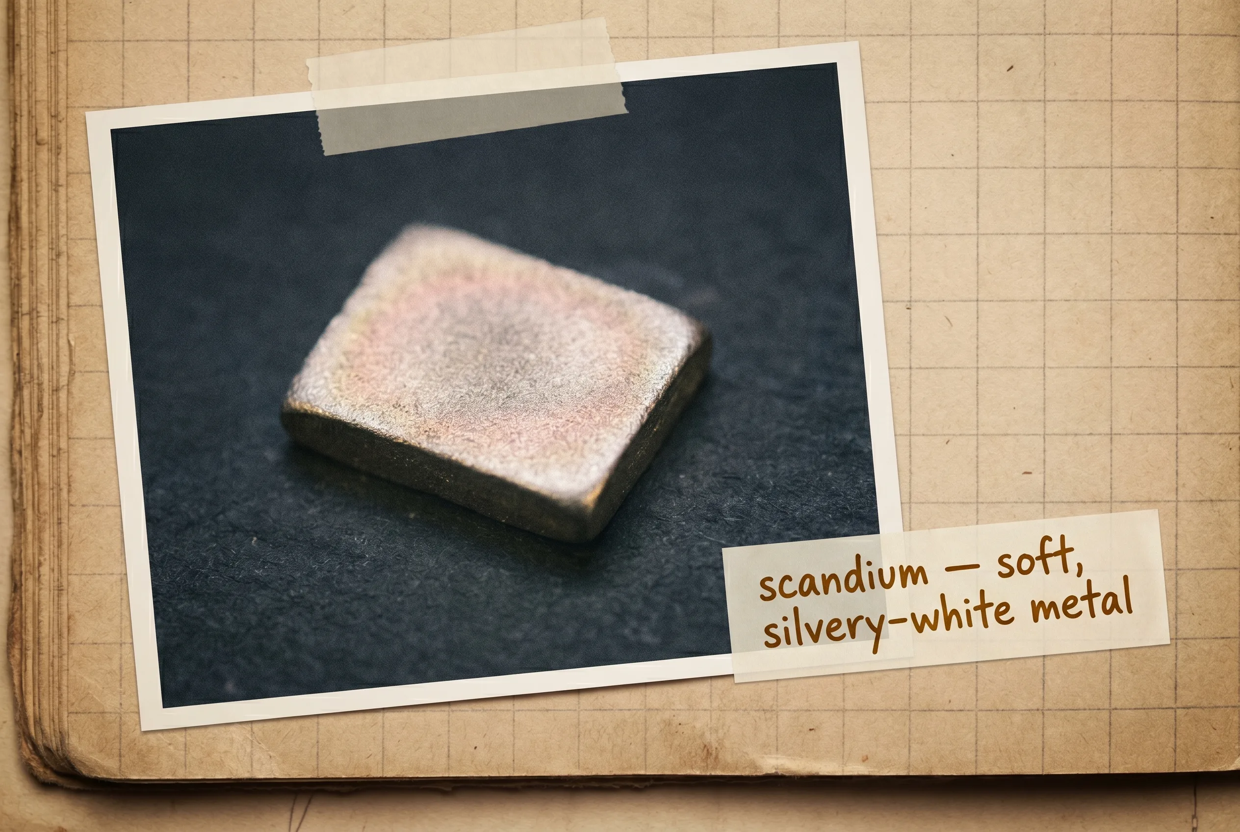 A dull silvery-white piece of scandium metal with a faint pinkish cast on dark slate.