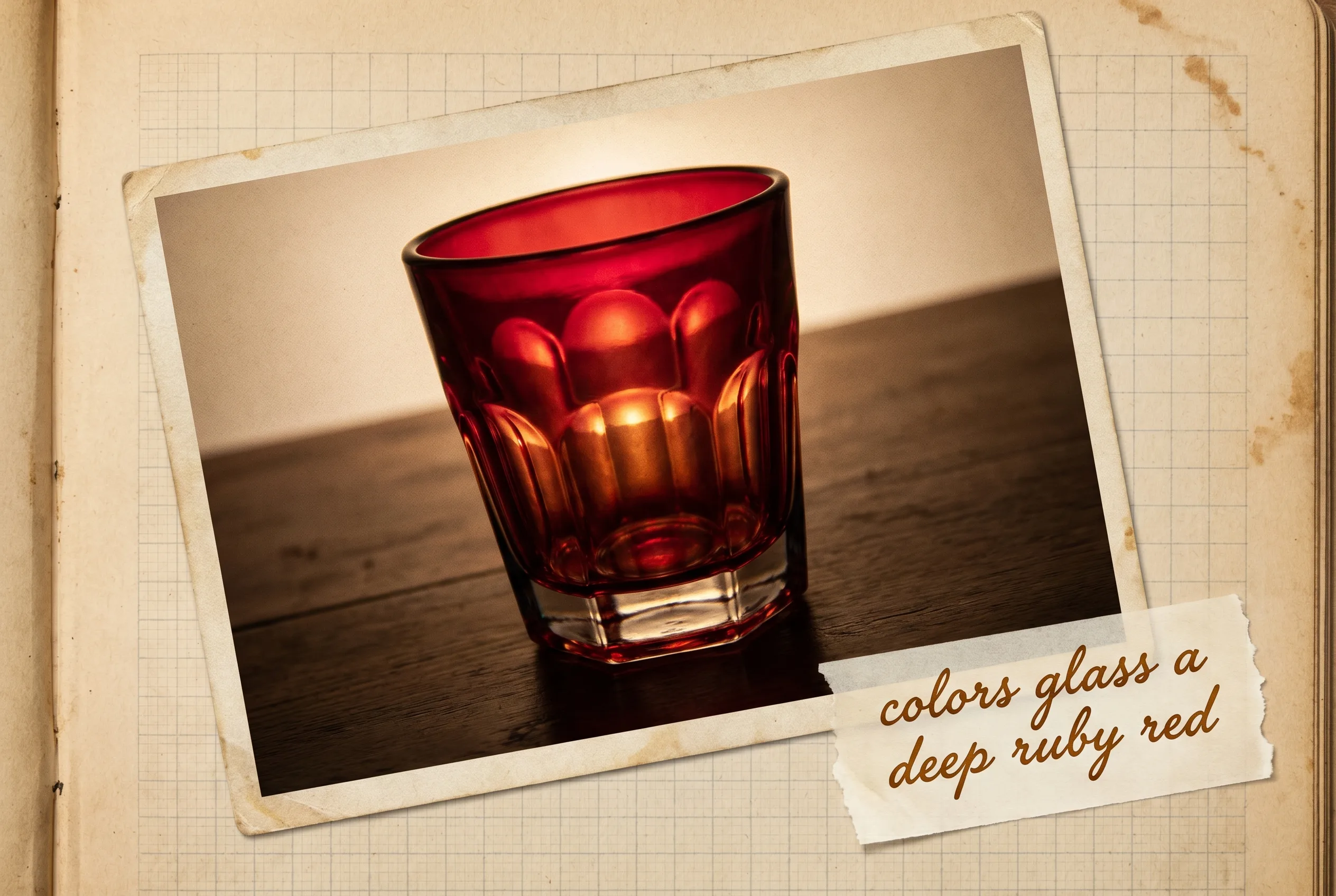A deep ruby-red drinking glass catching light on a dark surface.
