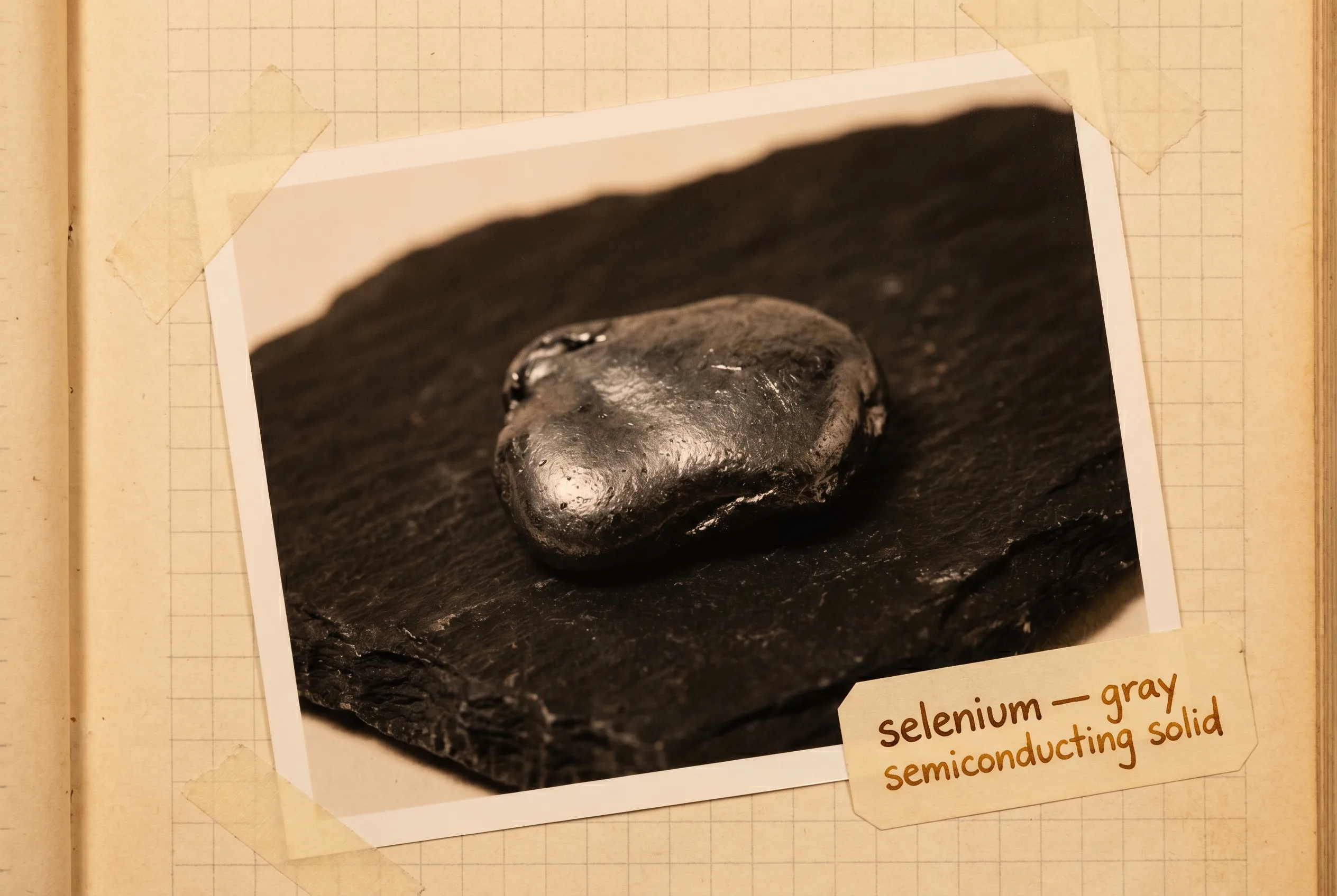 A dark gray semi-lustrous mass of selenium on black slate.