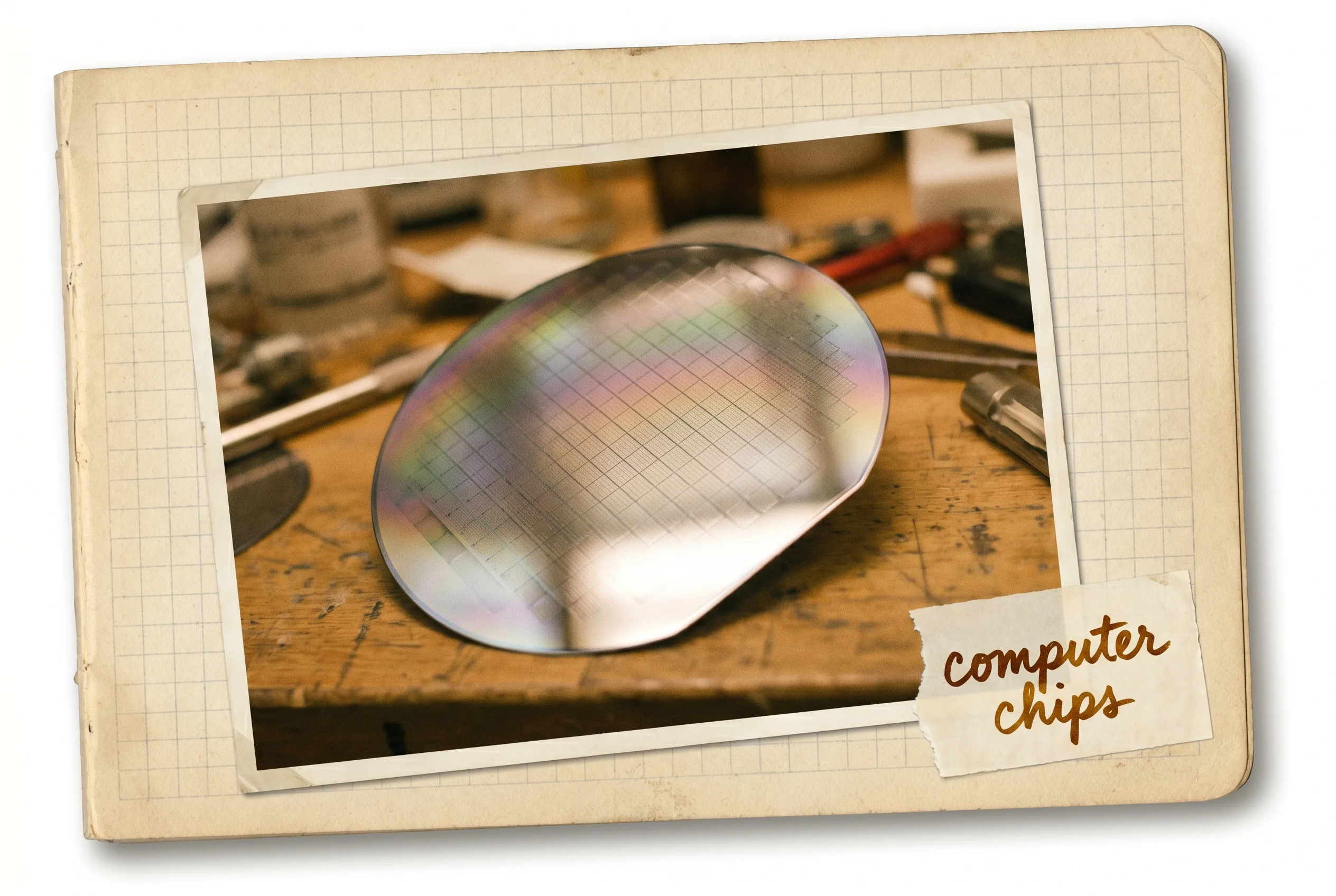 A mirror-finish silicon wafer with microchip patterns and faint rainbow sheen.