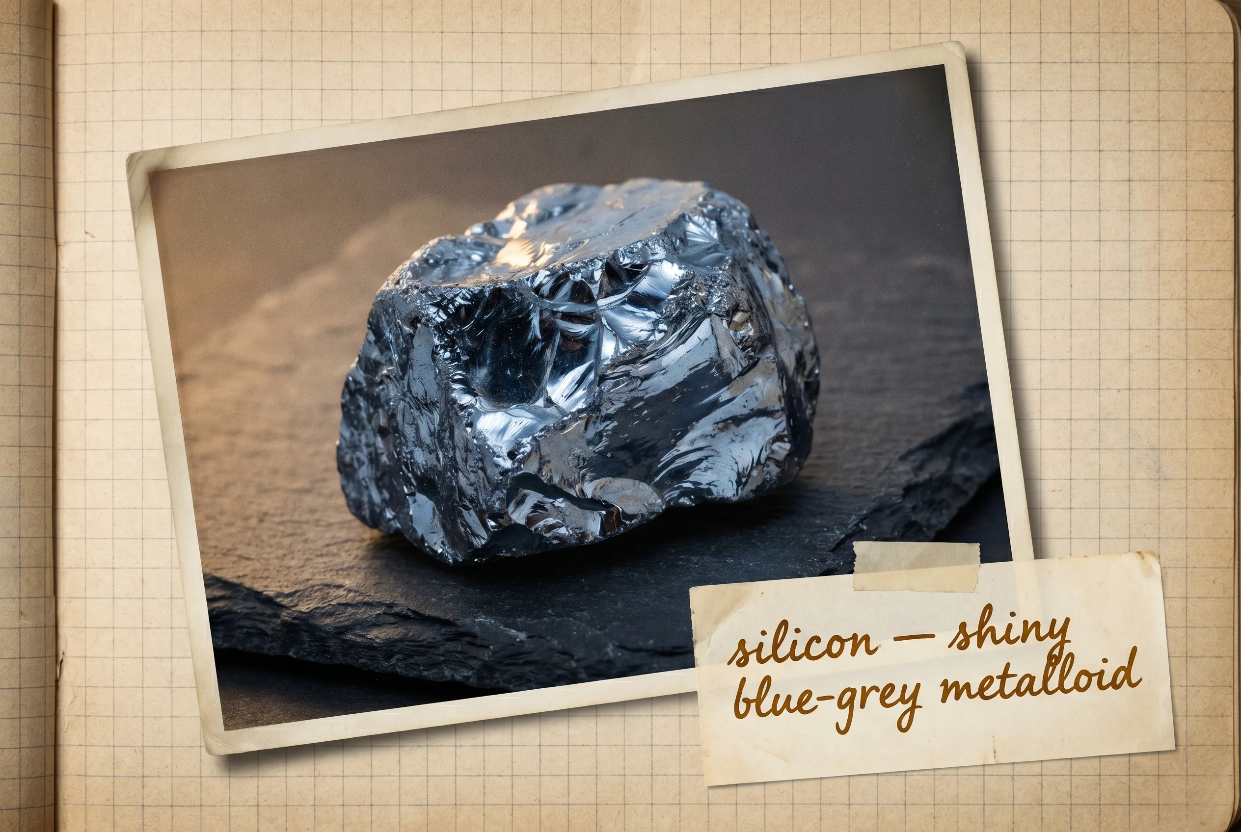 A chunk of polycrystalline silicon, shiny blue-grey with faceted surfaces, on slate.