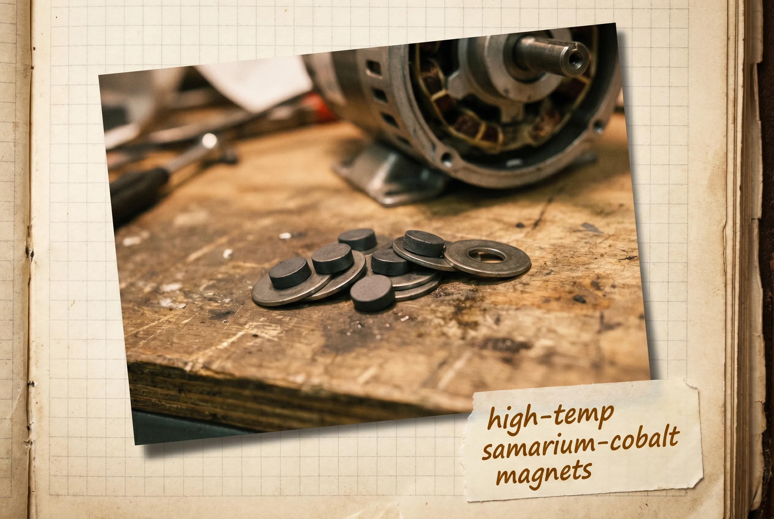 Cluster of dark-gray magnets gripping steel washers on a workbench.