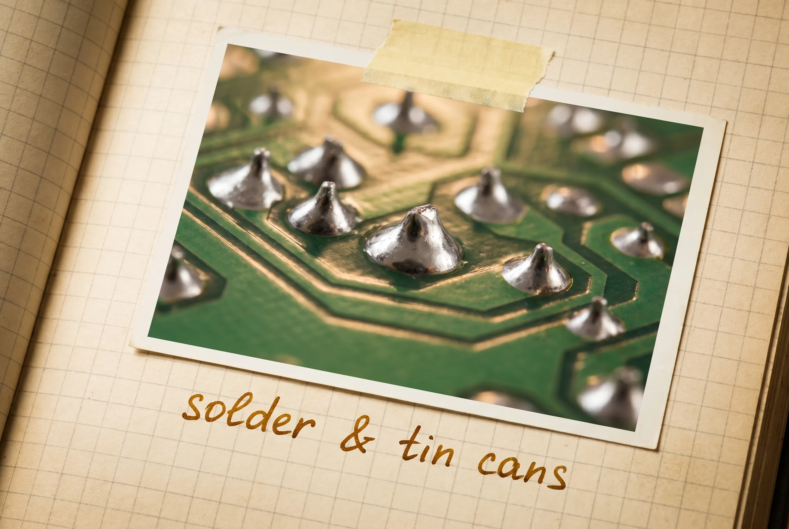 Close-up of shiny grey solder joints on a green circuit board.