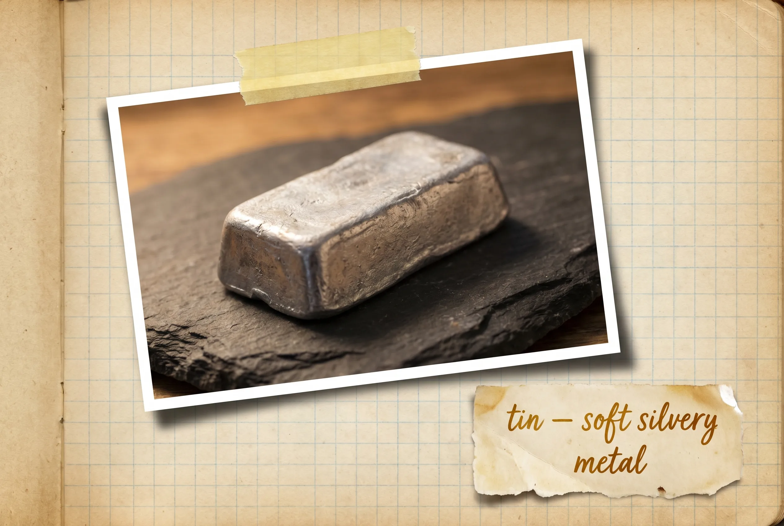A small silvery-white tin ingot with a soft sheen on black slate.