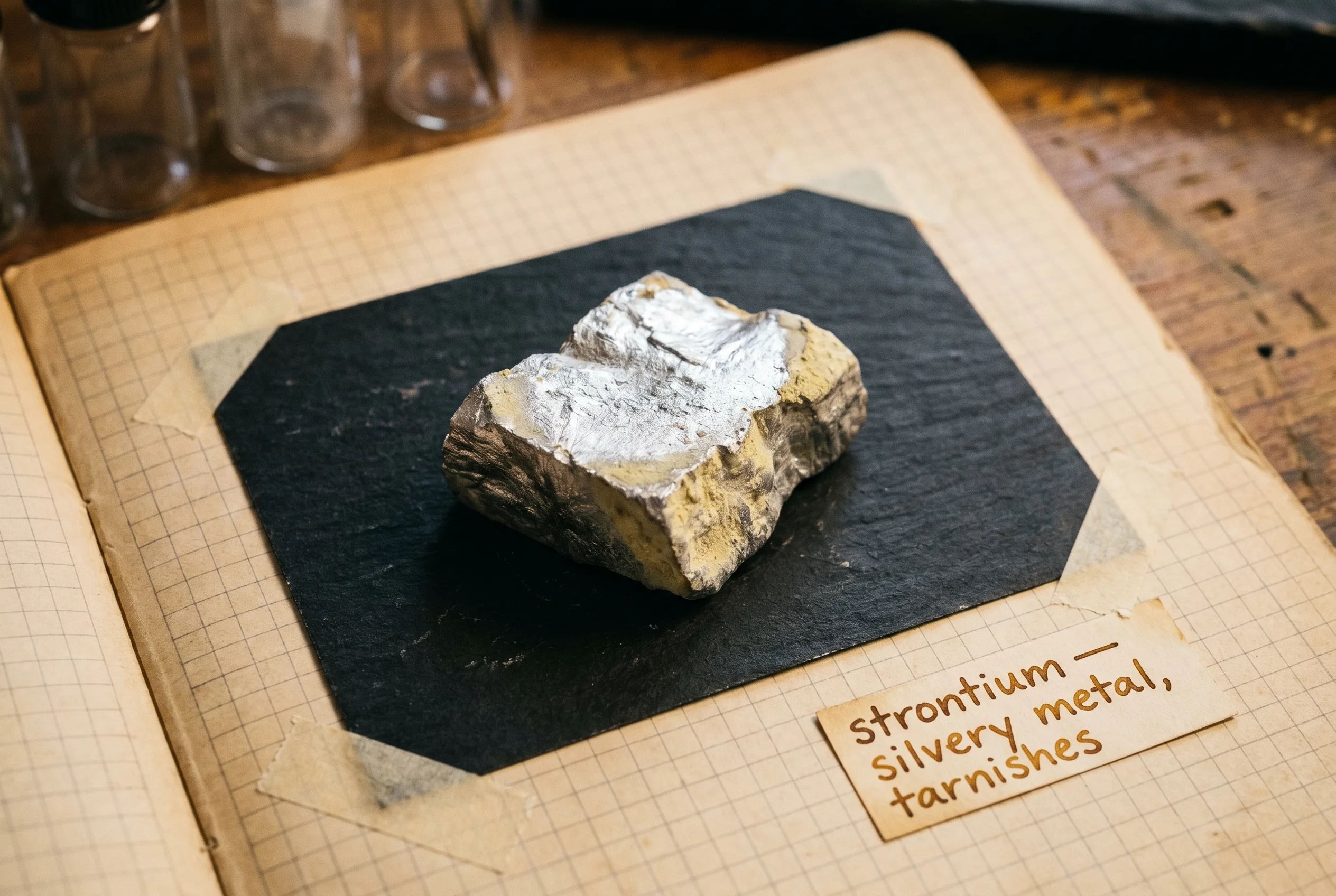 A freshly cut silvery strontium piece with pale yellow tarnish at the edges on slate.