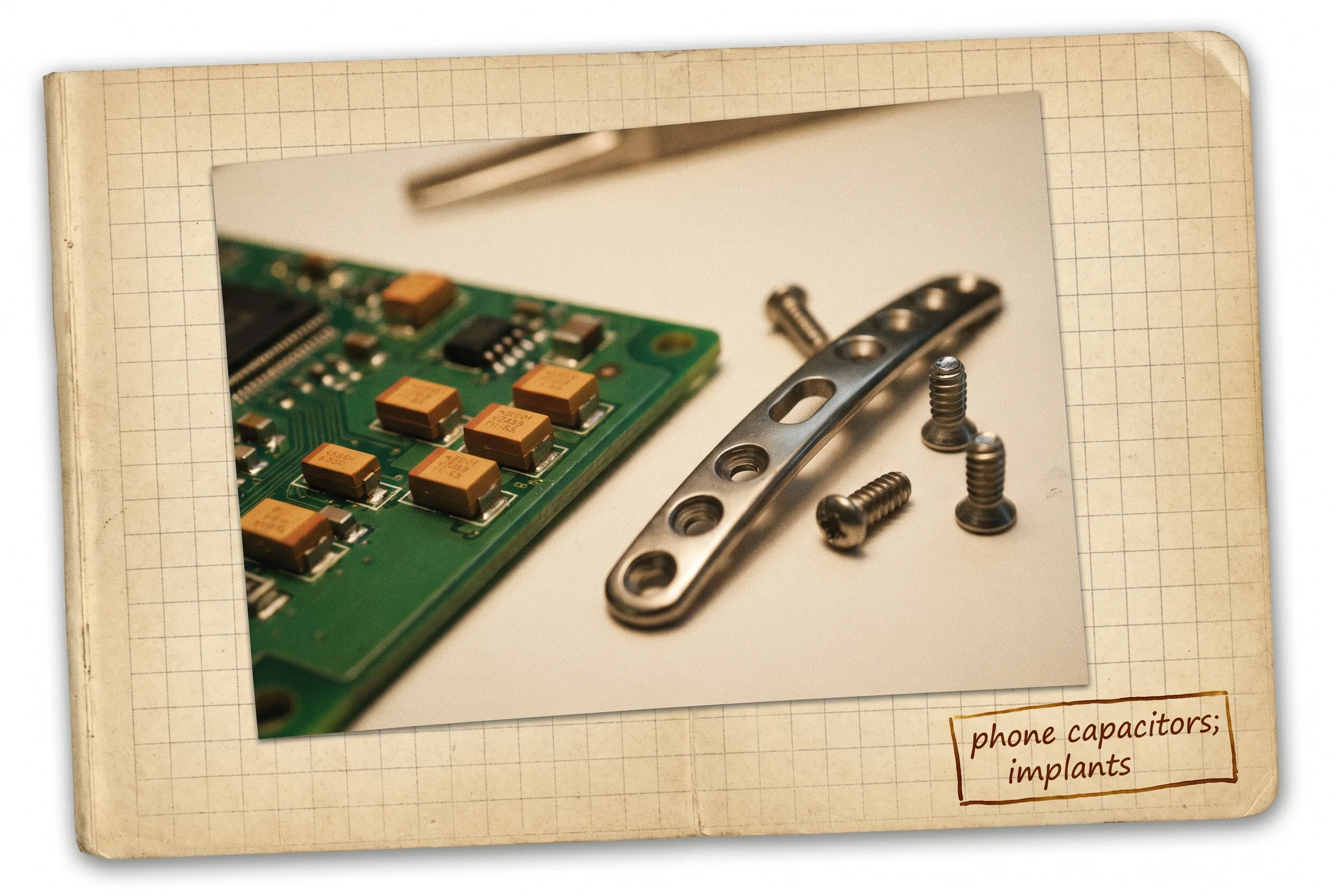 Circuit board with small tantalum capacitors beside a polished implant plate.