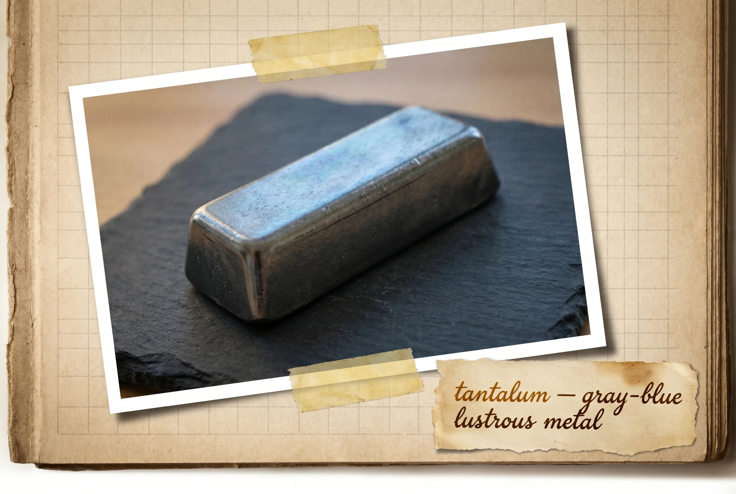 Dense gray-blue lustrous metal ingot with a faint bluish sheen on slate.
