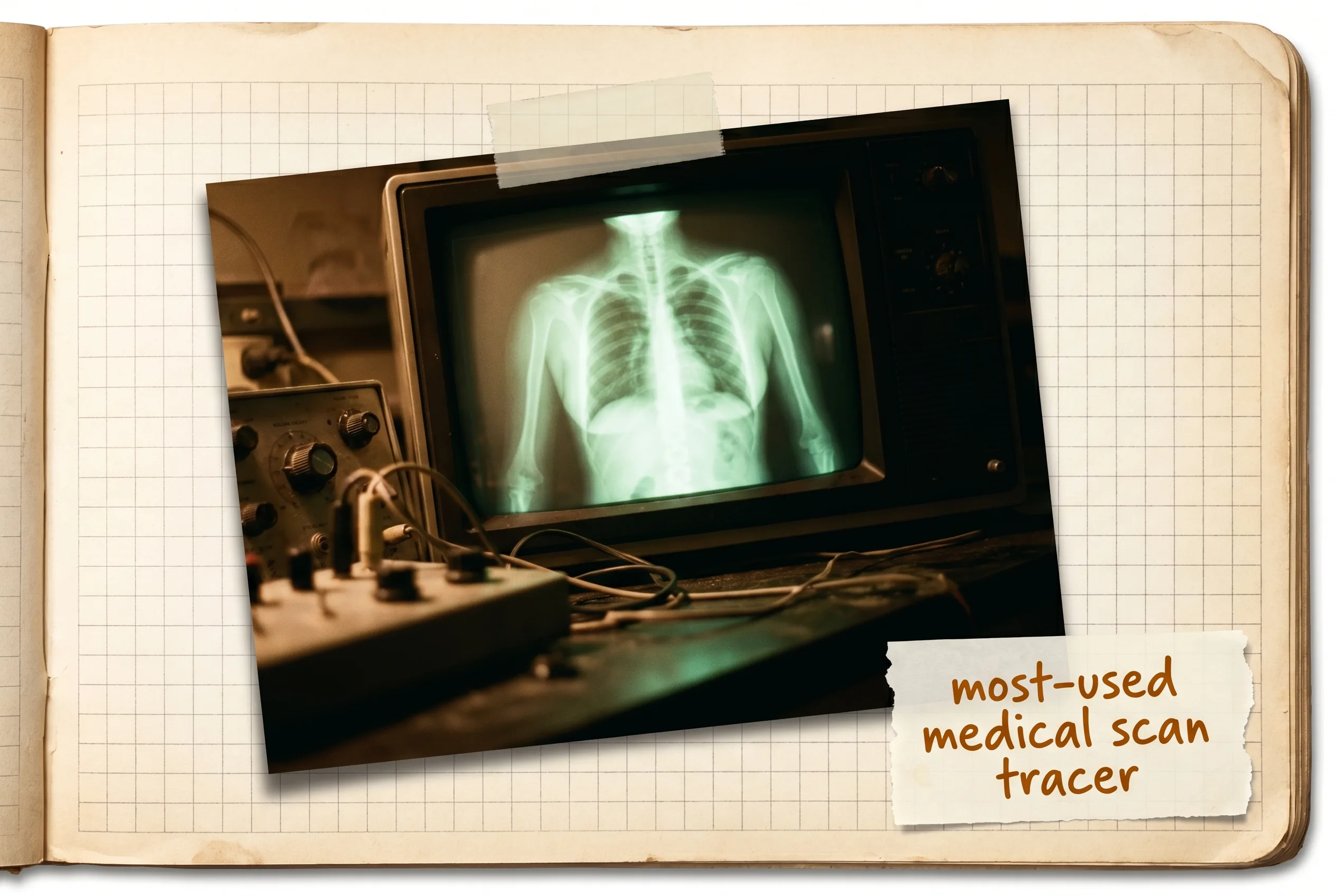 A glowing nuclear-scan image of a human skeleton on a dark display screen.