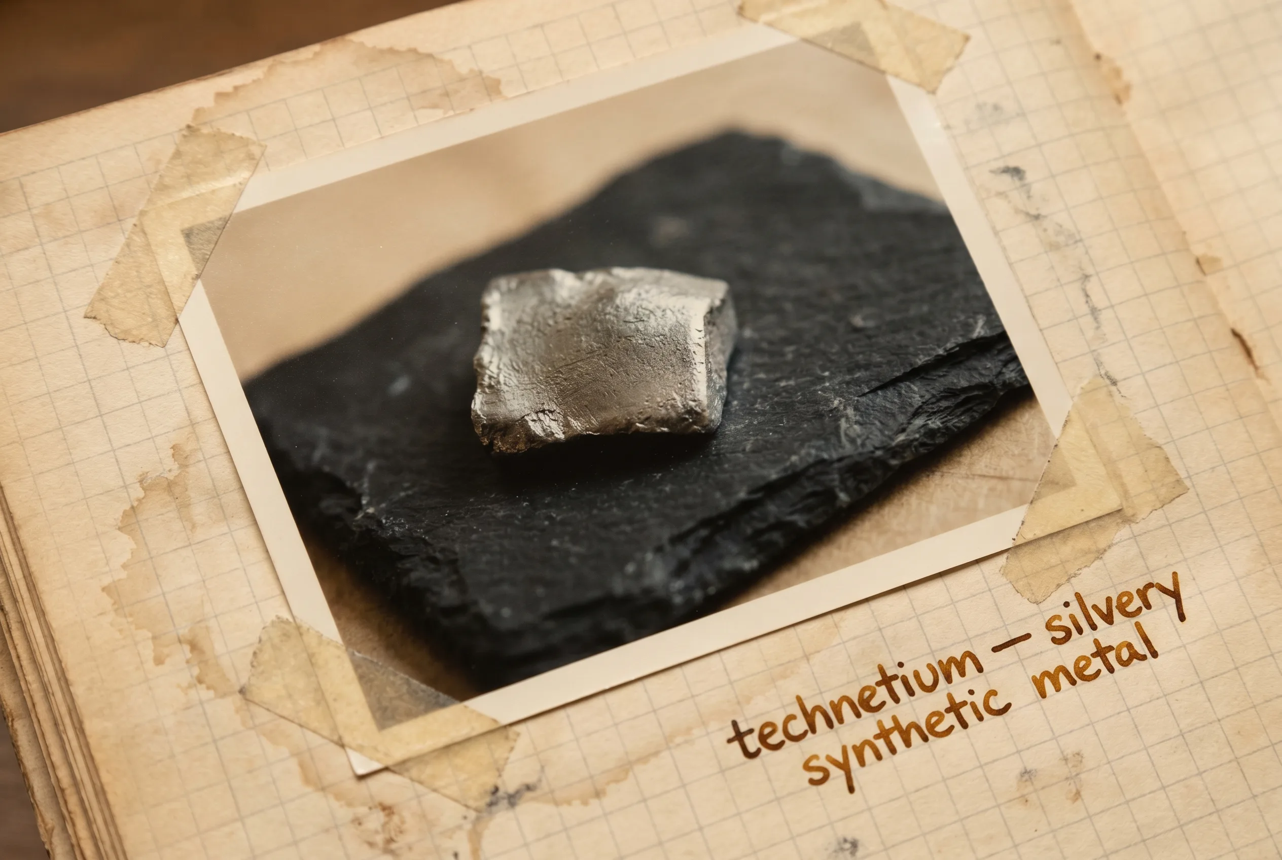 A small silvery-gray piece of technetium metal with a matte luster on black slate.