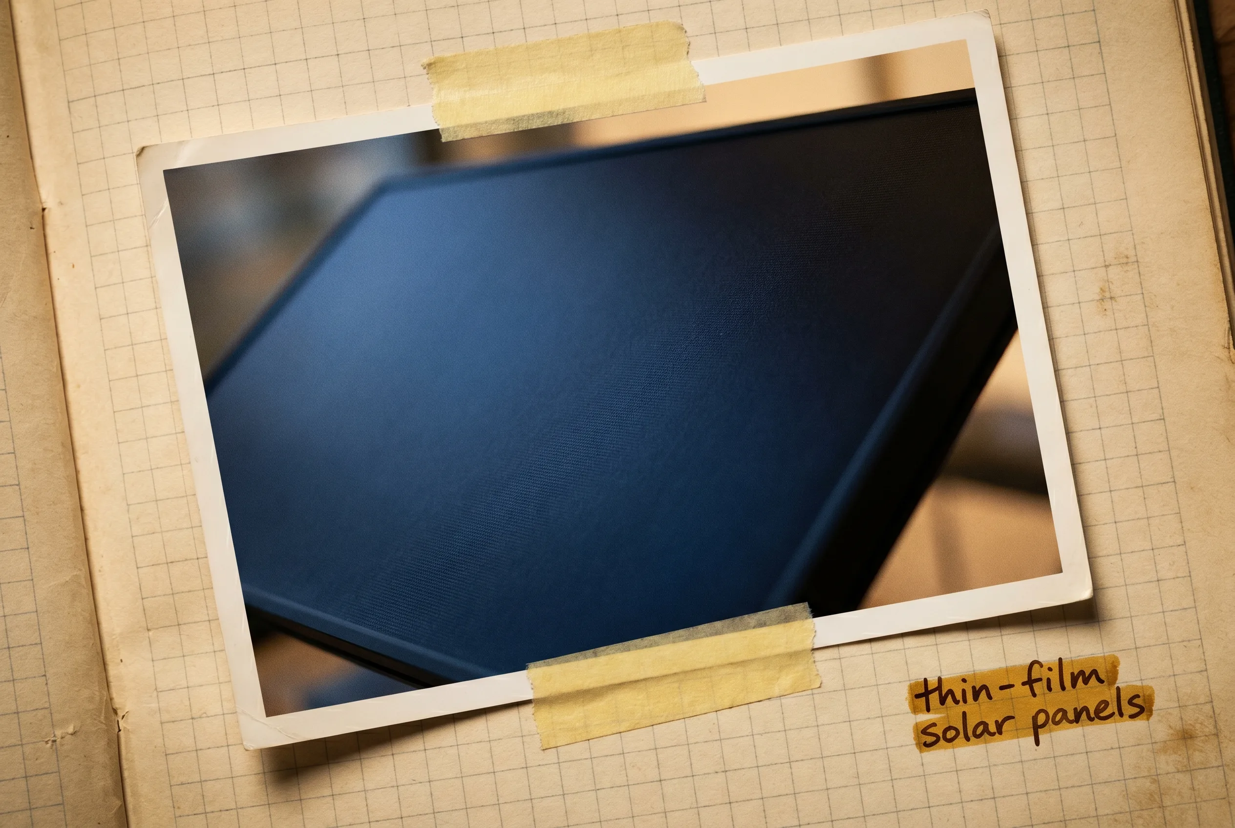 Dark thin-film solar panel with a deep blue-black surface tilted to the sun.