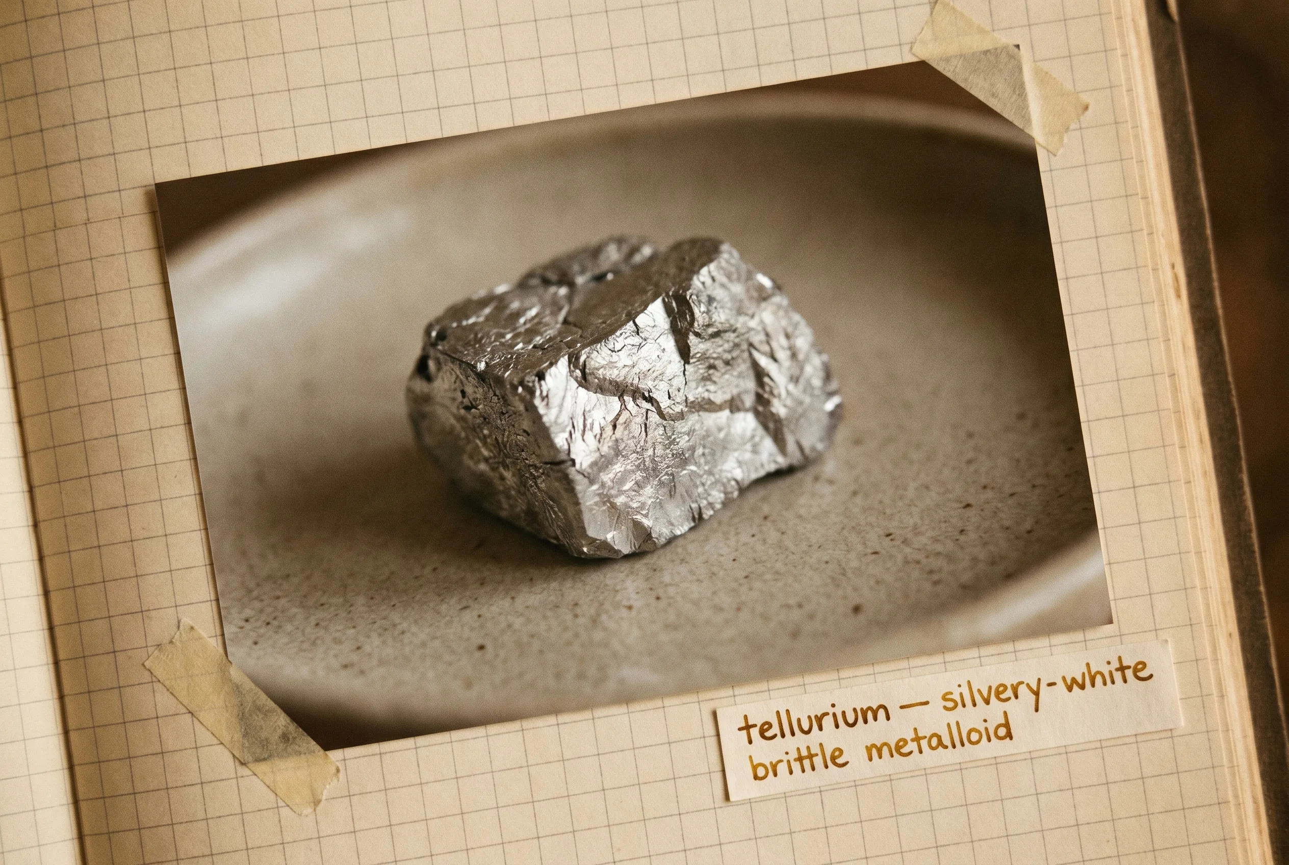 Silvery-white brittle metalloid chunk with a fractured surface on a plain surface.