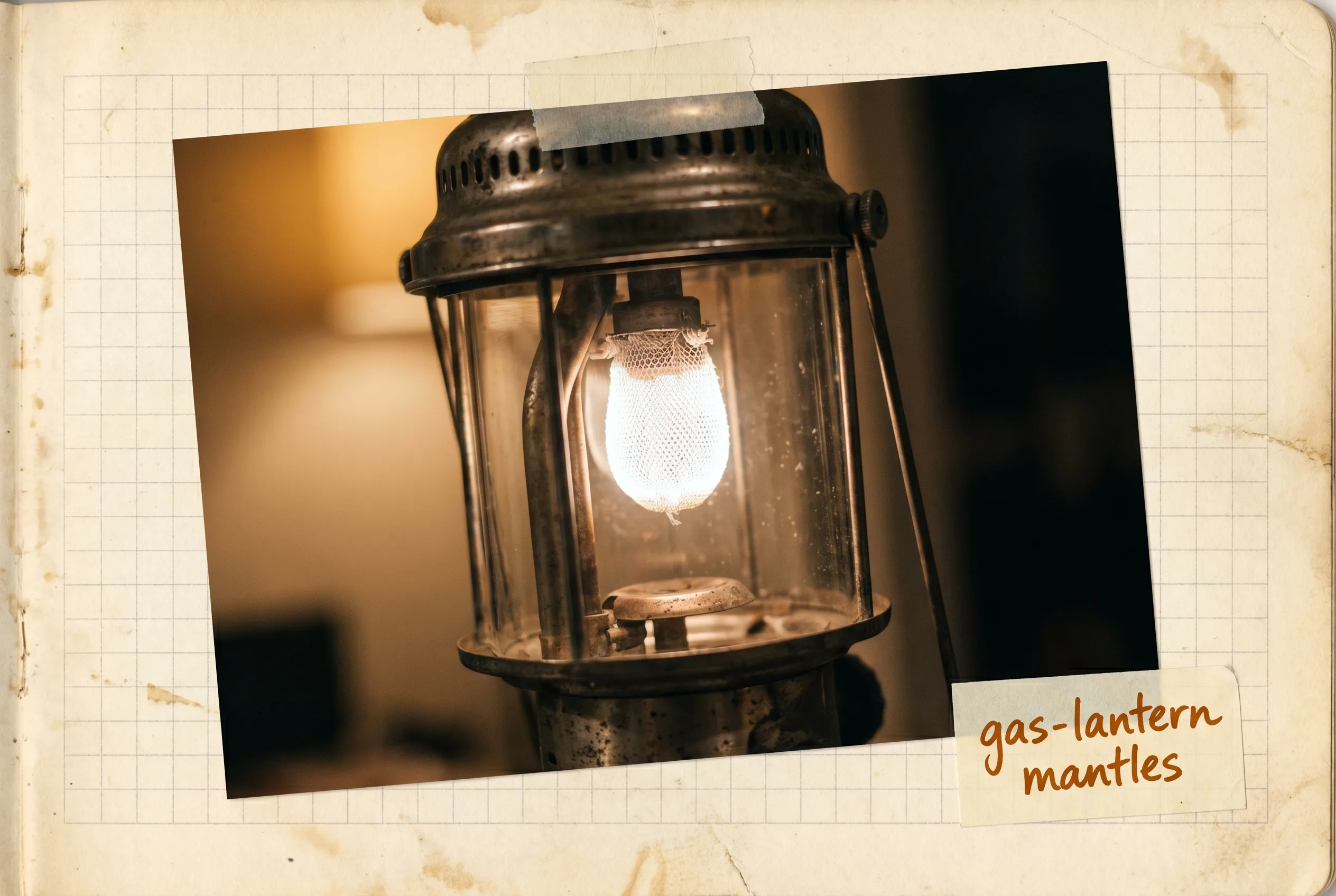 Old gas-lantern with a woven incandescent mantle glowing bright white in a dim background.