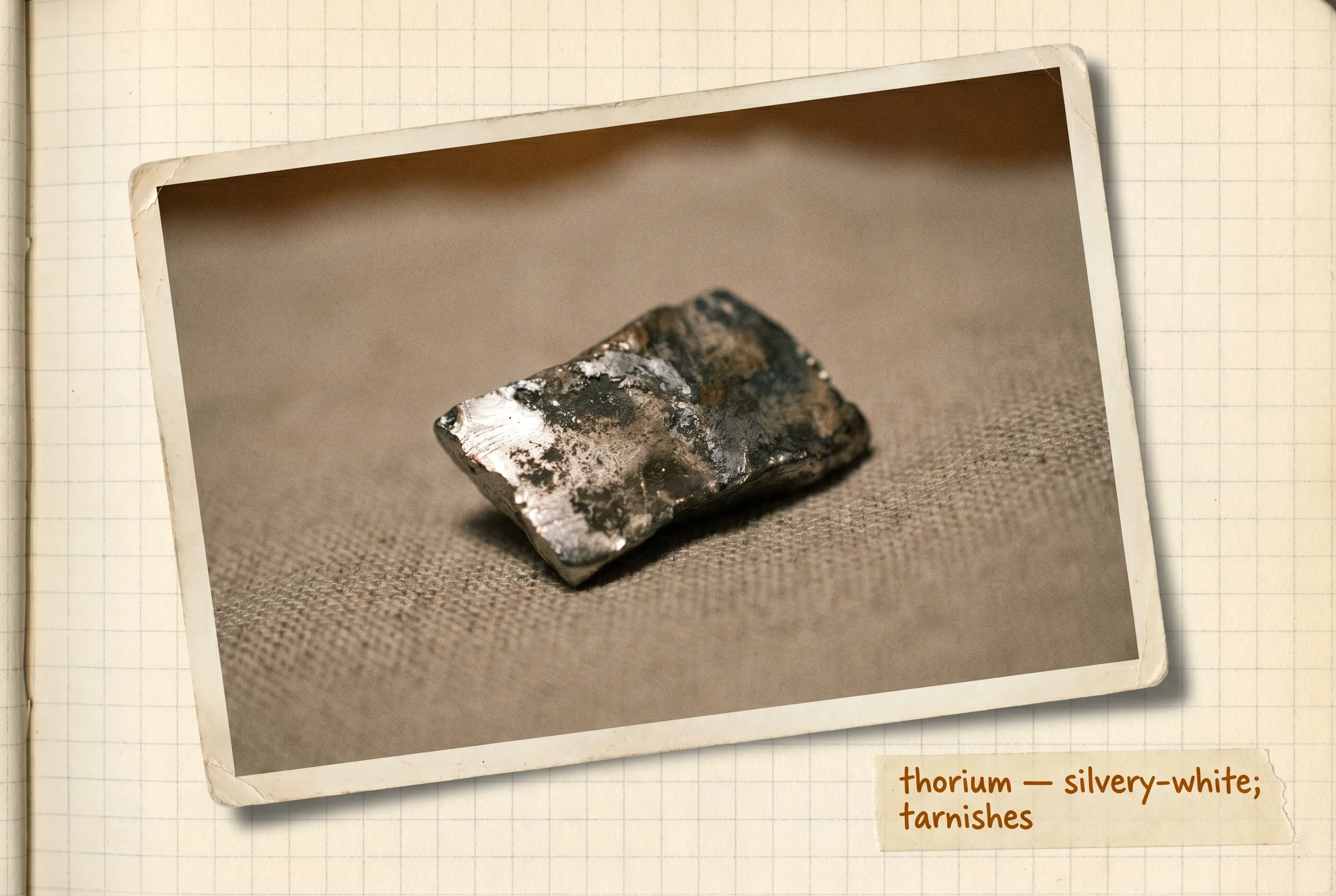 Piece of silvery-white thorium metal with gray and black tarnished surfaces on neutral cloth.