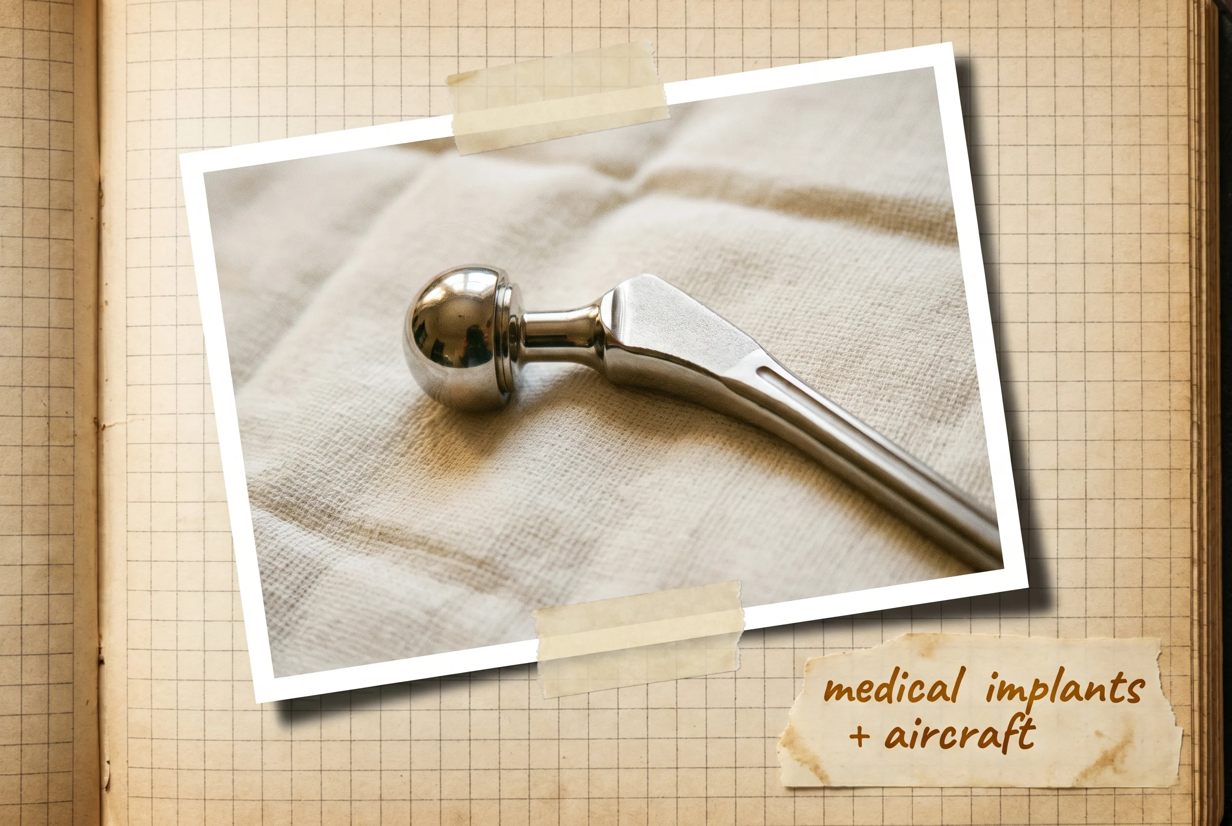 A polished silvery titanium hip-joint implant on a clean surgical cloth.