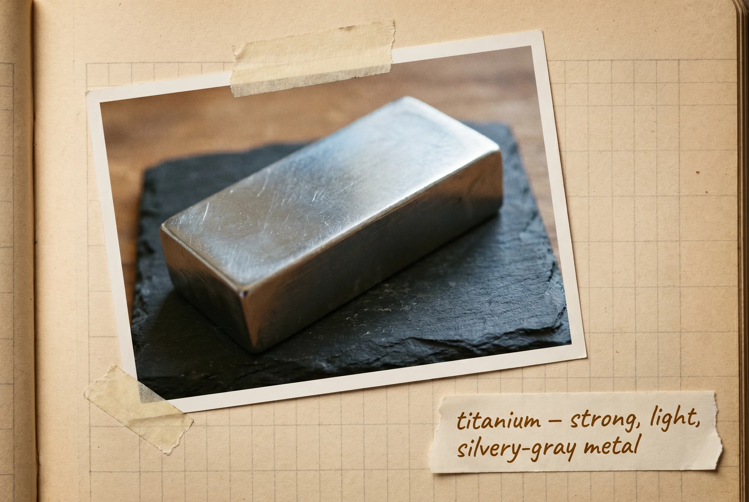 A solid bar of lustrous silvery-gray titanium metal on dark slate.