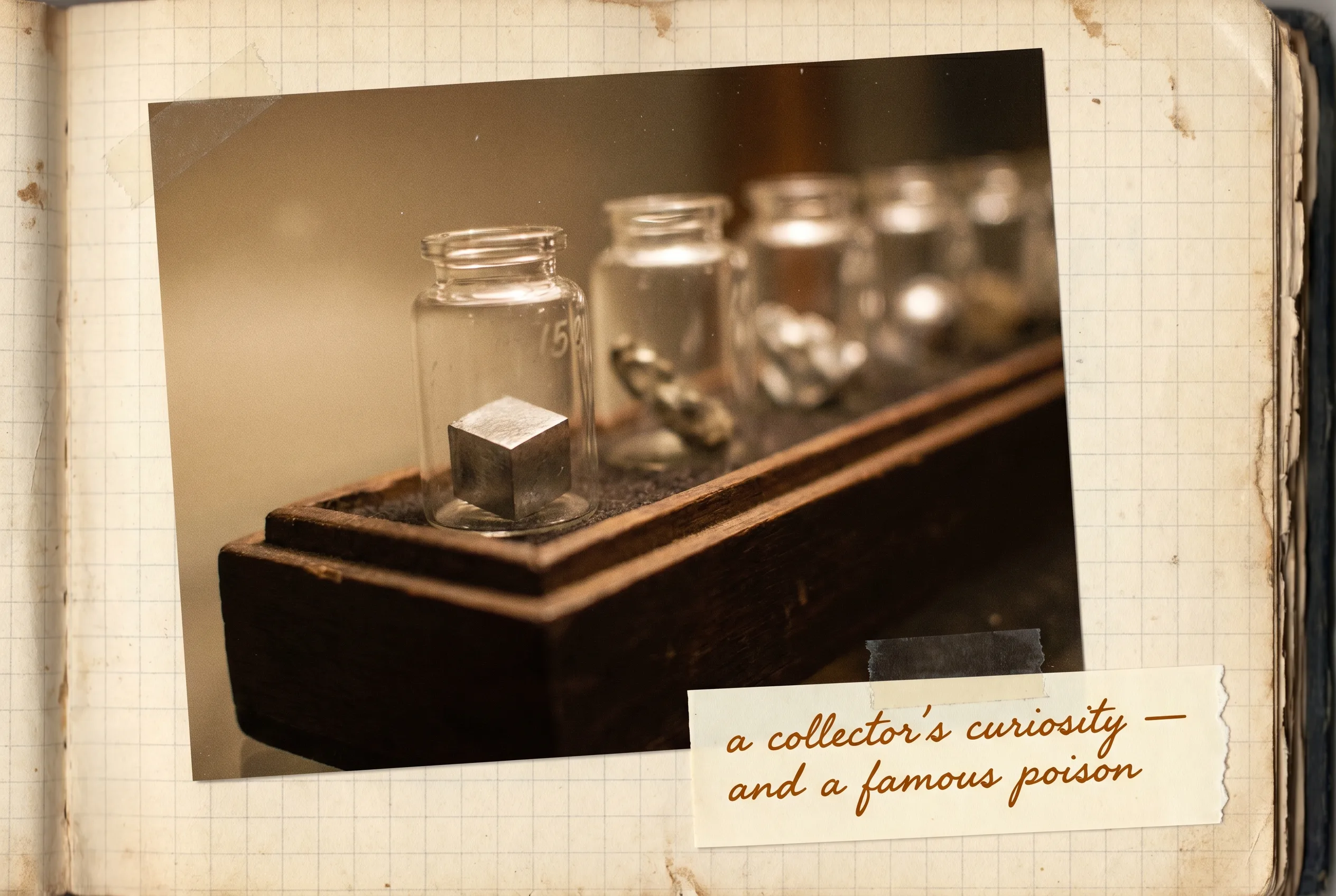 A row of sealed element-sample vials in a wooden display block, a silvery cube in focus.