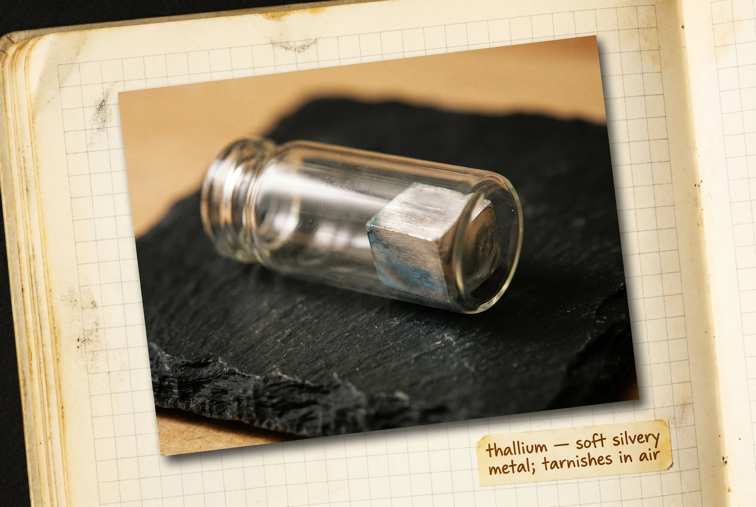 A silvery metal cube inside a small glass vial on black slate, faces dulling to blue-grey.