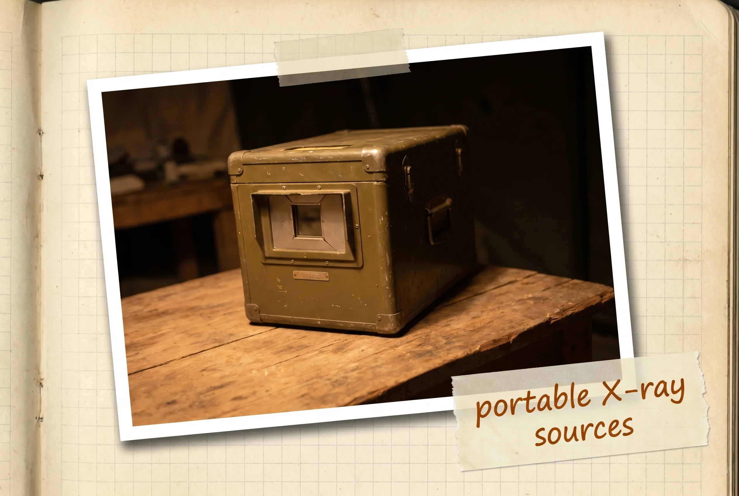 Compact portable X-ray unit with a sealed source set up in a field clinic.