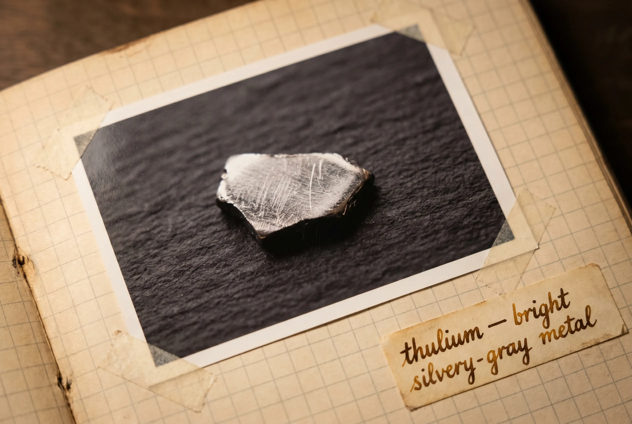 Small bright silvery-gray metal piece on a dark slate tray.