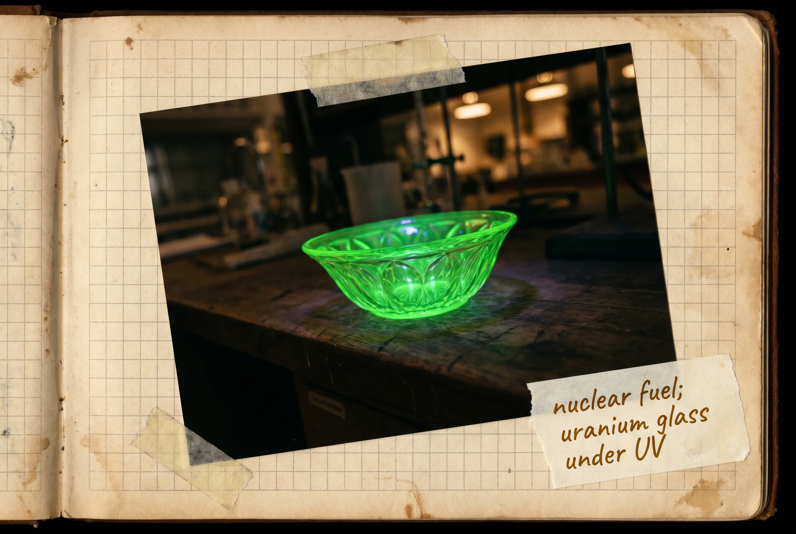 Vintage green uranium glass bowl glowing vivid fluorescent green under ultraviolet light.