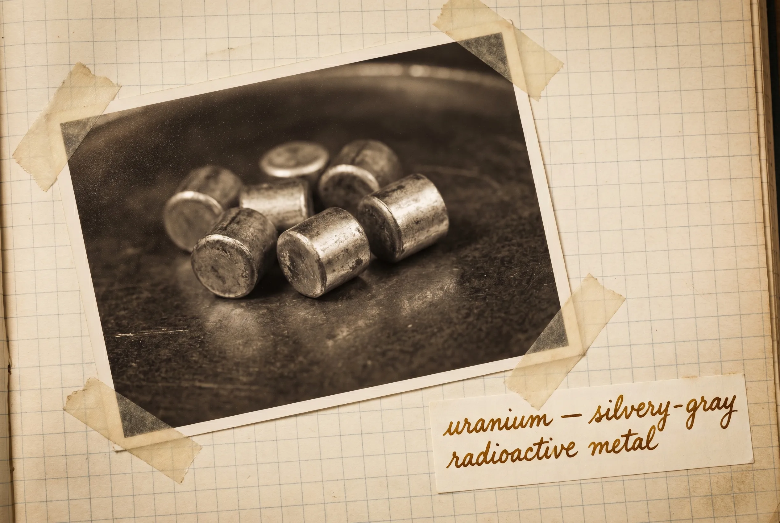 Few silvery-gray uranium metal fuel pellets with dulled surfaces on a dark steel tray.