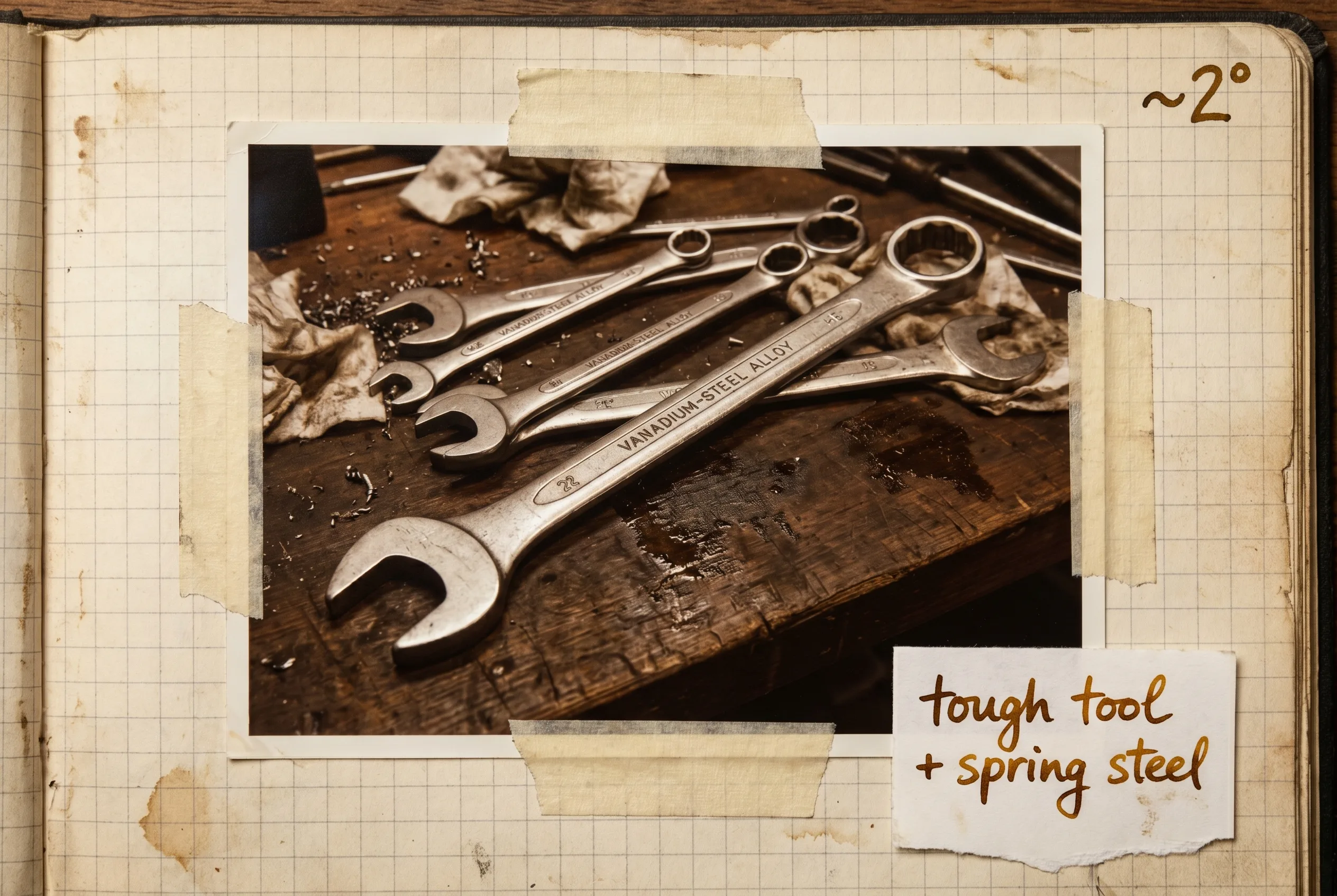 Heavy-duty silvery vanadium-steel wrenches laid out on a dark workbench.