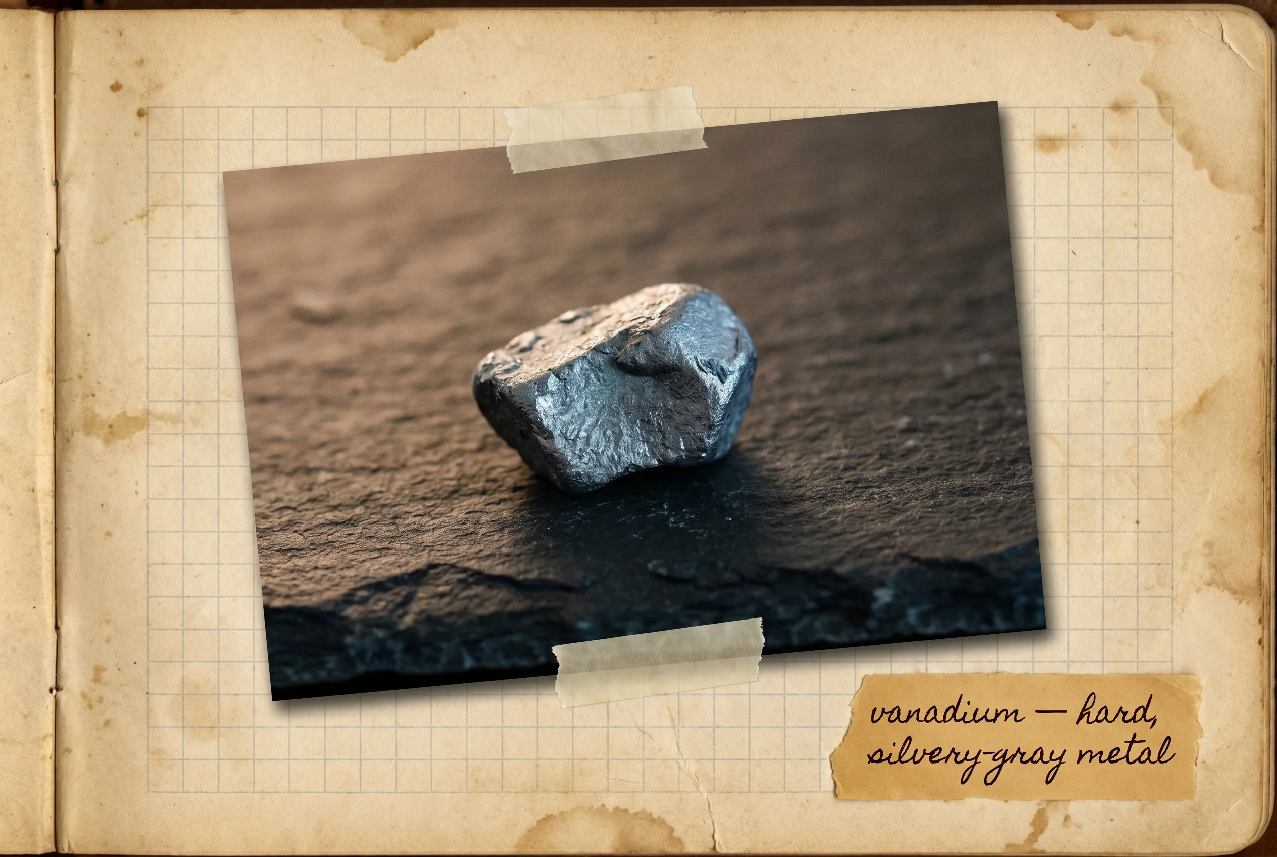 A hard silvery-gray lump of vanadium metal with a faint blue tint on dark slate.