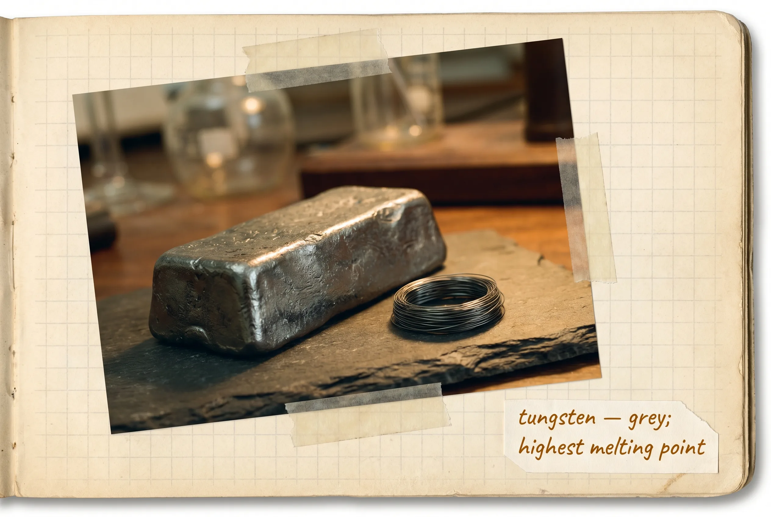A dark-grey tungsten ingot beside a tiny coil of fine tungsten wire on black slate.