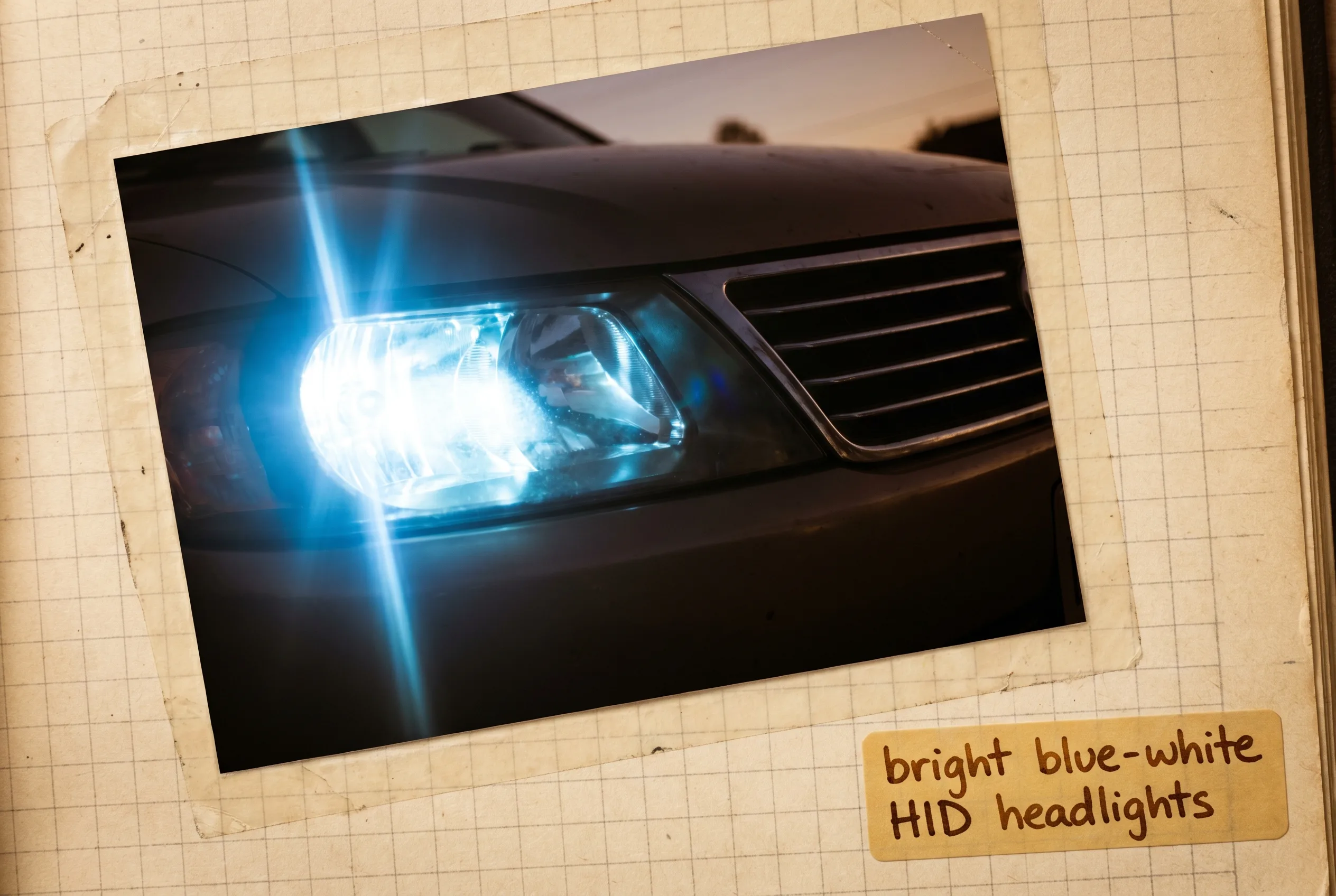 Car headlight casting a crisp bright blue-white beam at dusk.