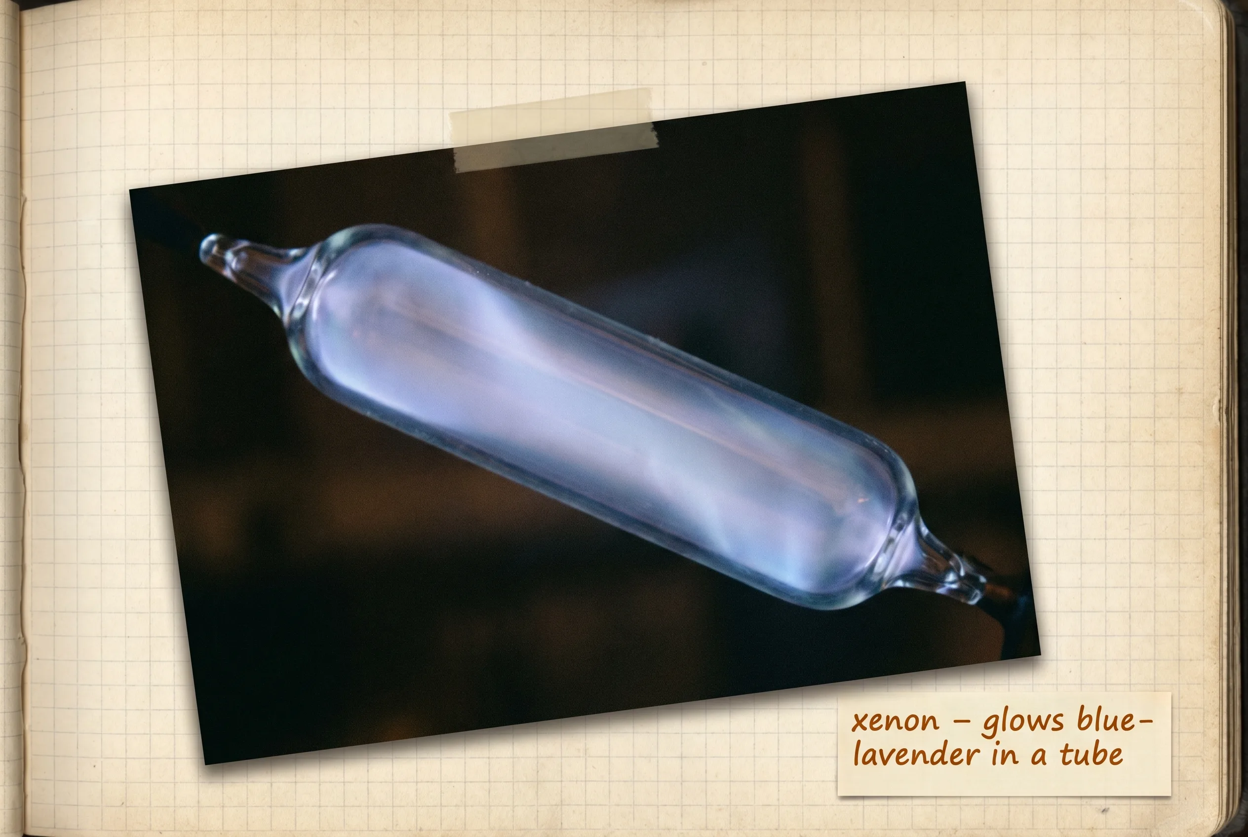 Glass discharge tube glowing soft blue-lavender-white against a dark background.