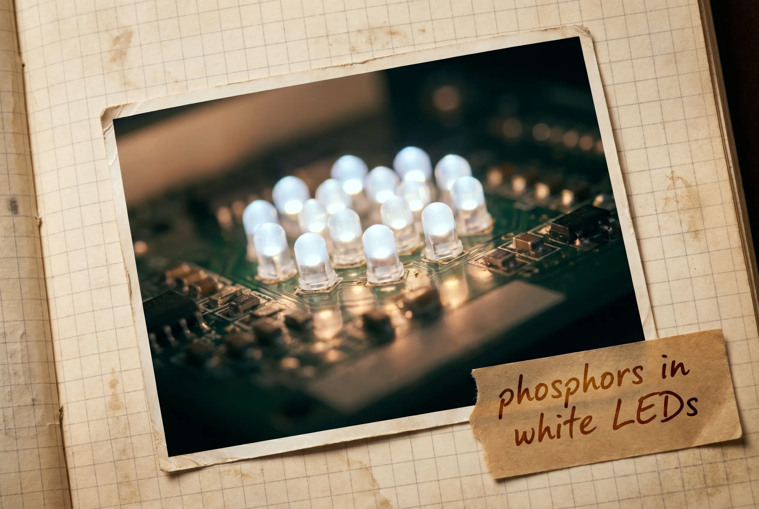 A cluster of small white LED emitters glowing cool-white on a dark circuit surface.