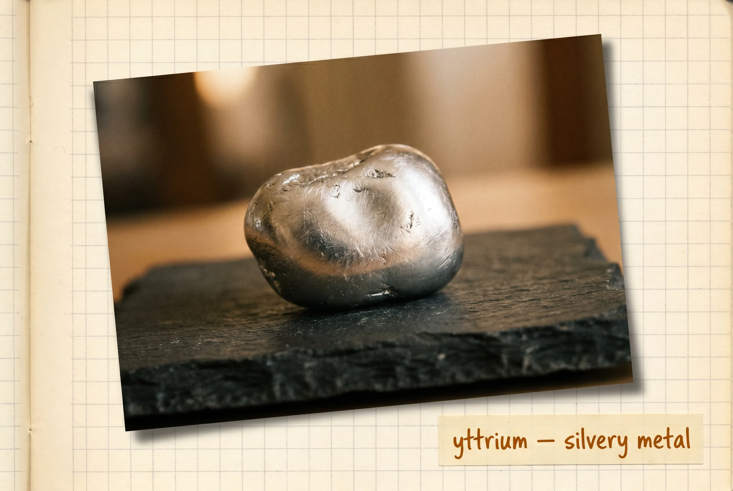 A silvery lump of yttrium metal with a soft luster on black slate.