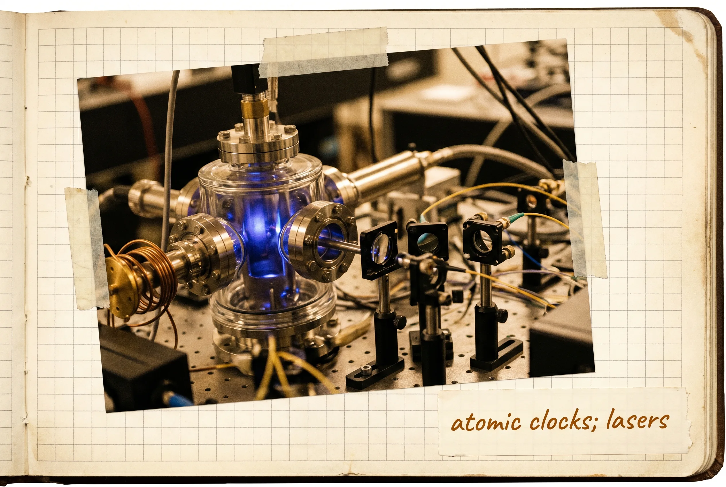 Precision optical atomic-clock apparatus with vacuum chamber and laser optics.