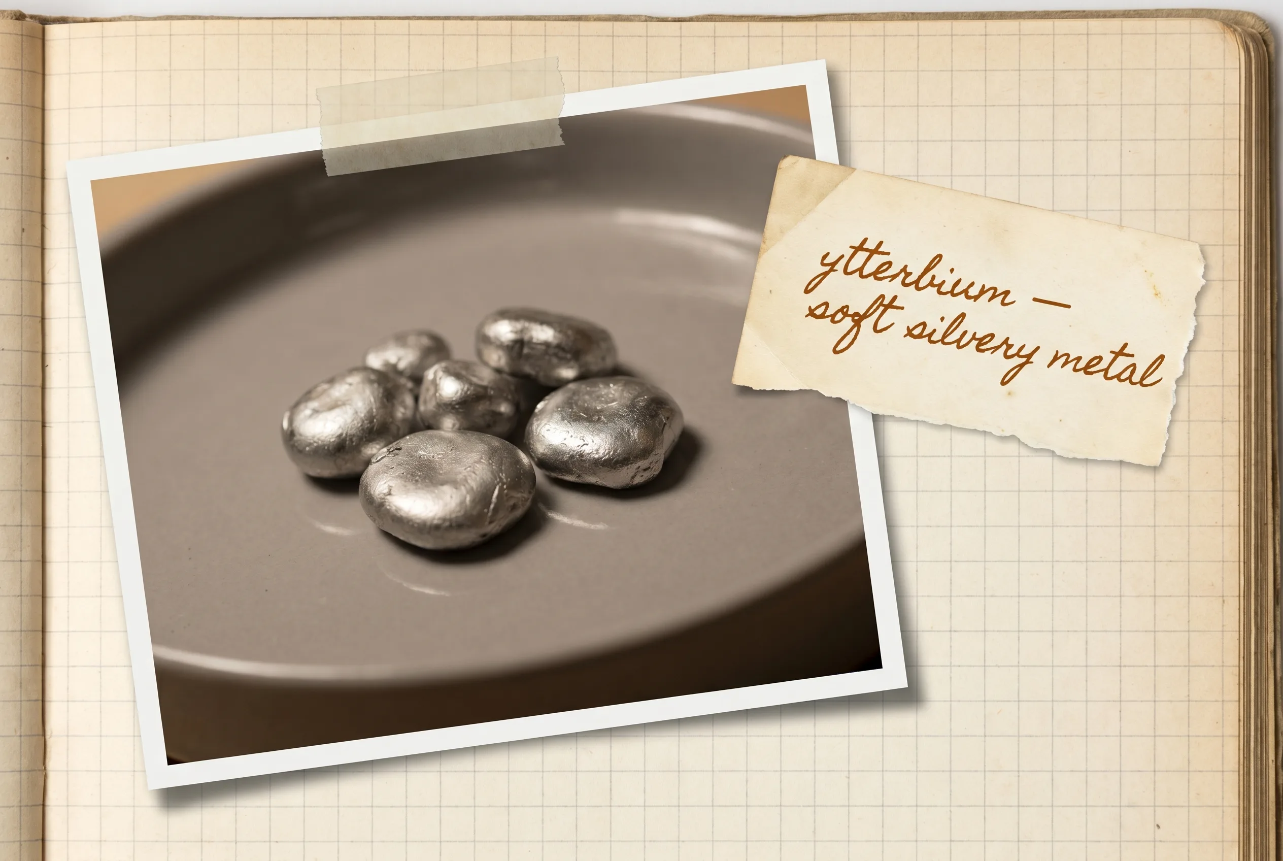 Soft silvery metal lumps with a slightly dulled lustrous surface on a gray tray.
