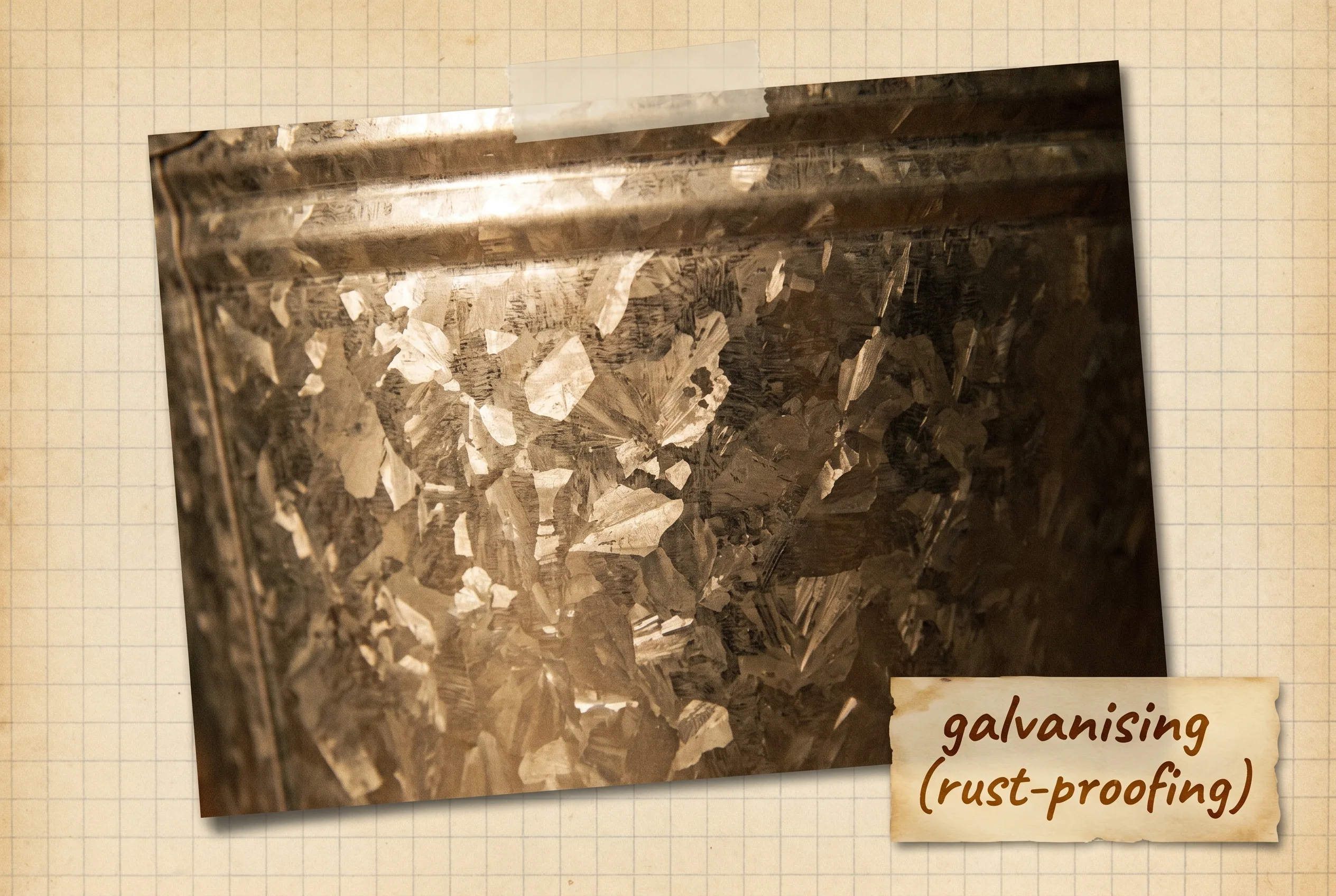 Close-up of galvanized steel showing the shiny crystalline spangle of its zinc coating.