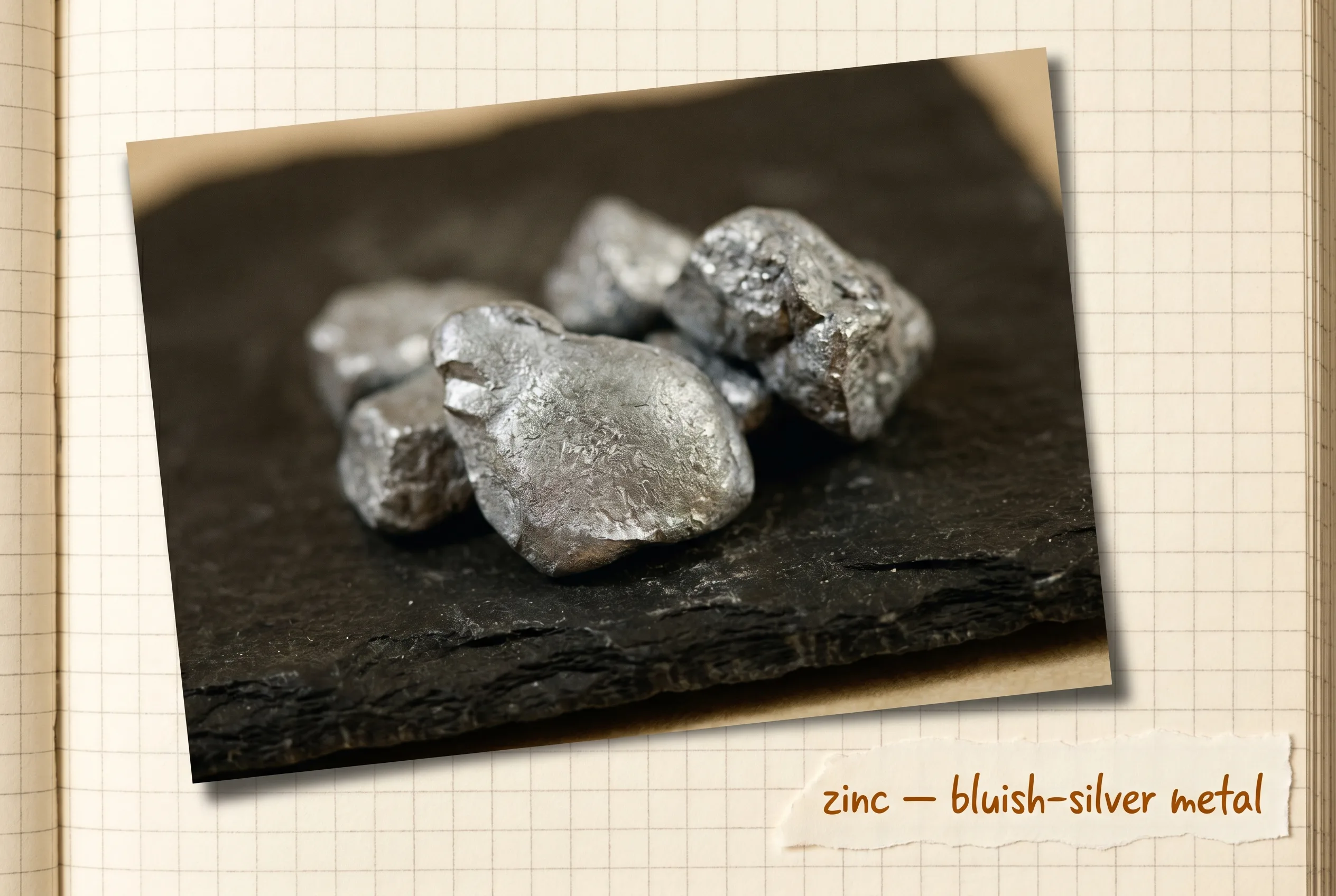 Lumps of bluish-silver-grey zinc metal with a slightly crystalline surface on slate.