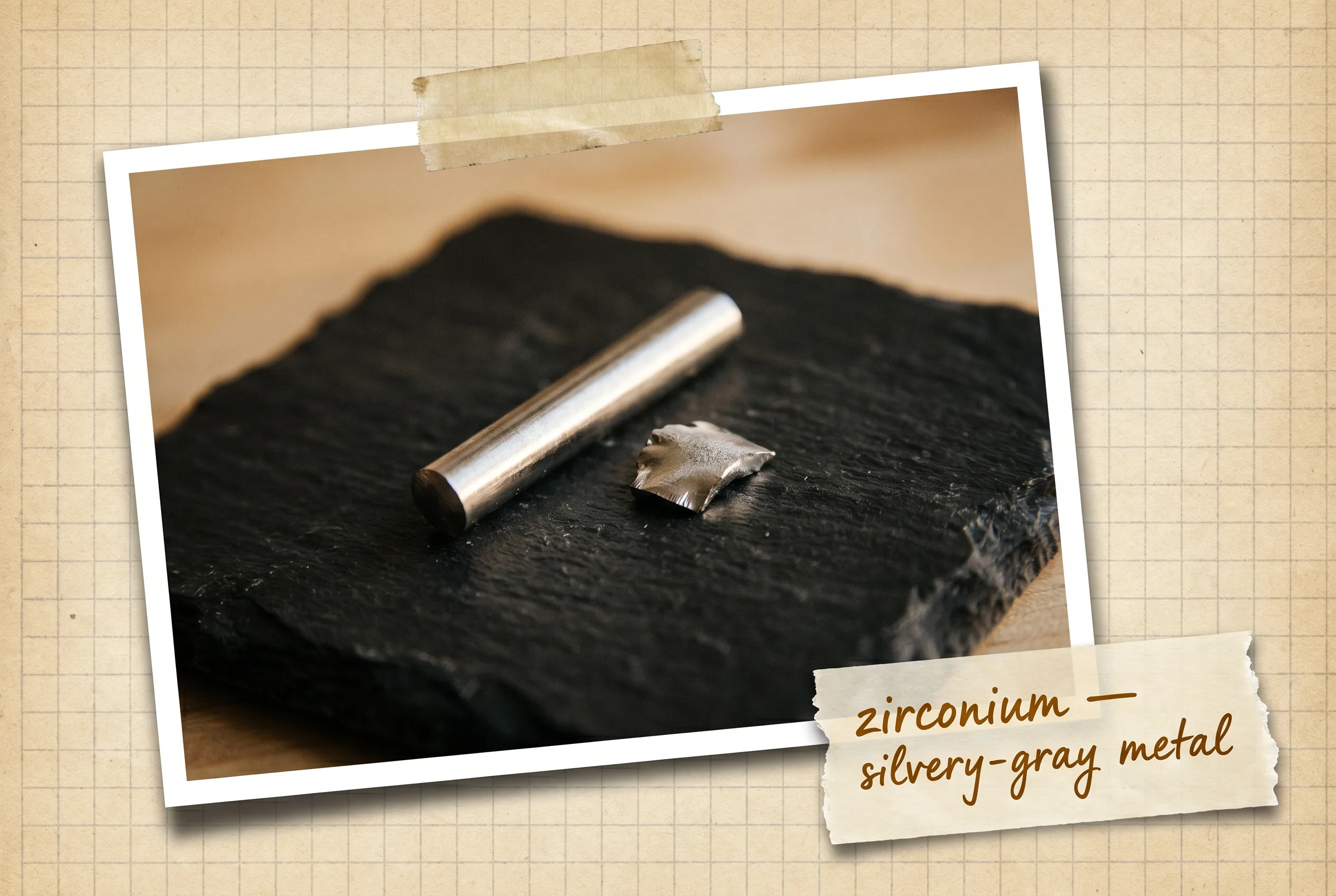 A silvery-gray zirconium rod and chip with a smooth metallic luster on black slate.