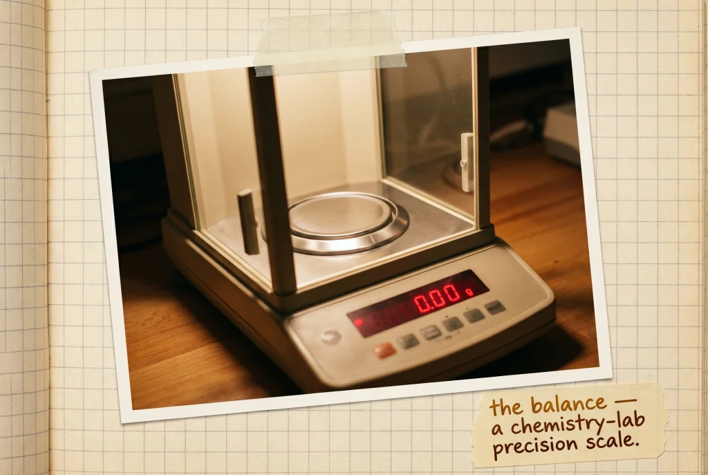 An empty analytical balance on a sepia-warm notebook page with a graph-paper grid; the LCD reads 0.00 g and the pan is bare. An amber-ink annotation chip reads 'the balance — a chemistry-lab precision scale.'