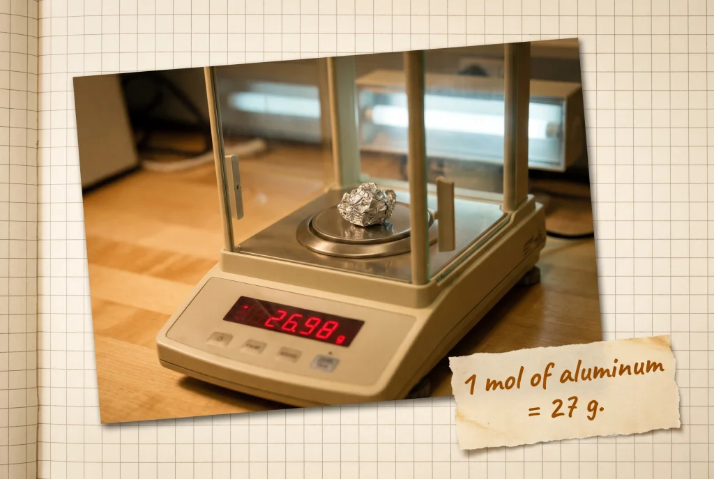 Analytical balance with one mole of Aluminum (Al) on the weighing pan; the LCD reads approximately 27 grams.