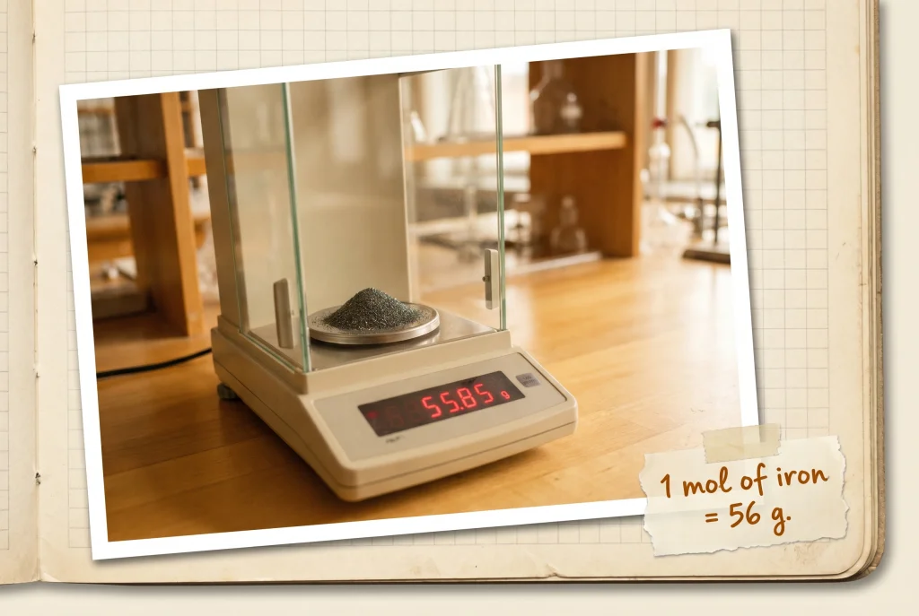 Analytical balance with one mole of Iron (Fe) on the weighing pan; the LCD reads approximately 56 grams.