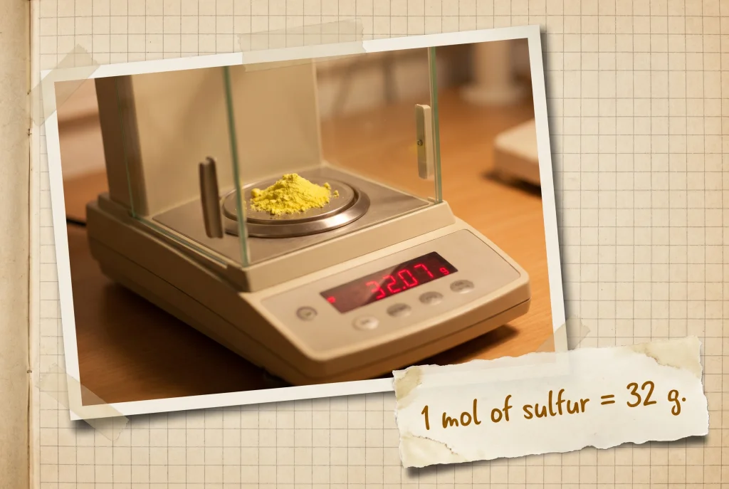 Analytical balance with one mole of Sulfur (S) on the weighing pan; the LCD reads approximately 32 grams.