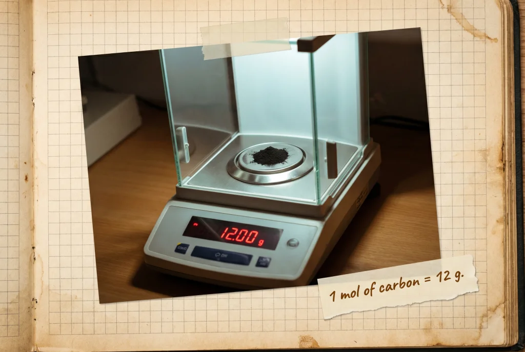 Analytical balance with one mole of Carbon (C) on the weighing pan; the LCD reads approximately 12 grams.