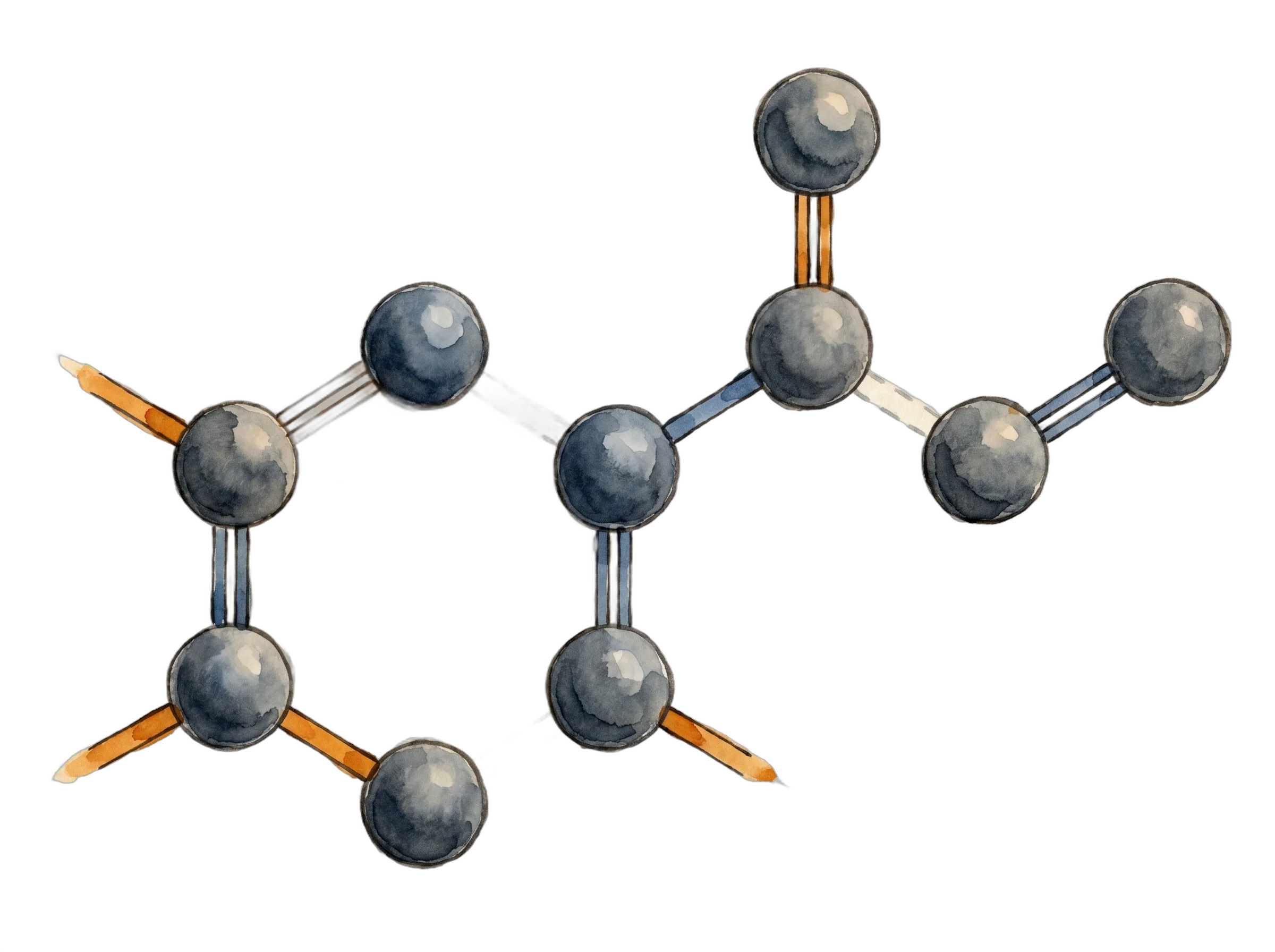 Illustration of Bond Forge: bonds inked in two players' colors weaving a molecule, with open bonds left to claim.