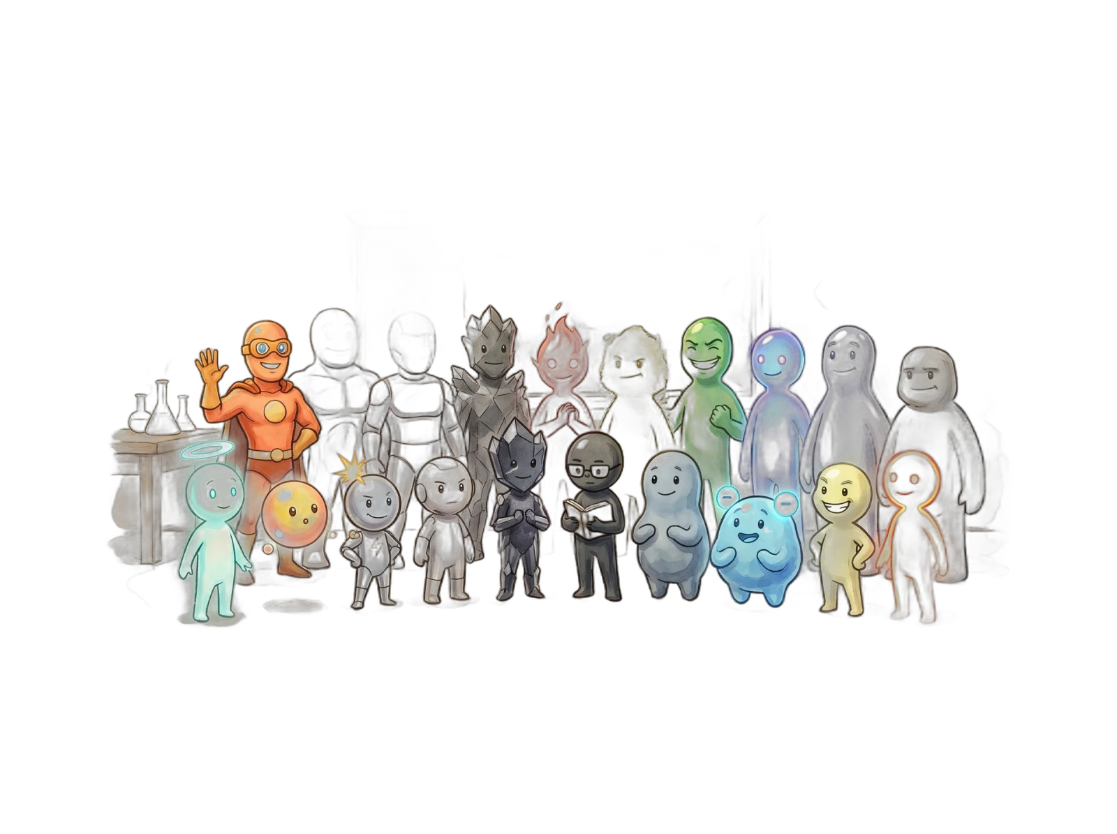 The first twenty elements arranged as a class portrait, each with a personality.